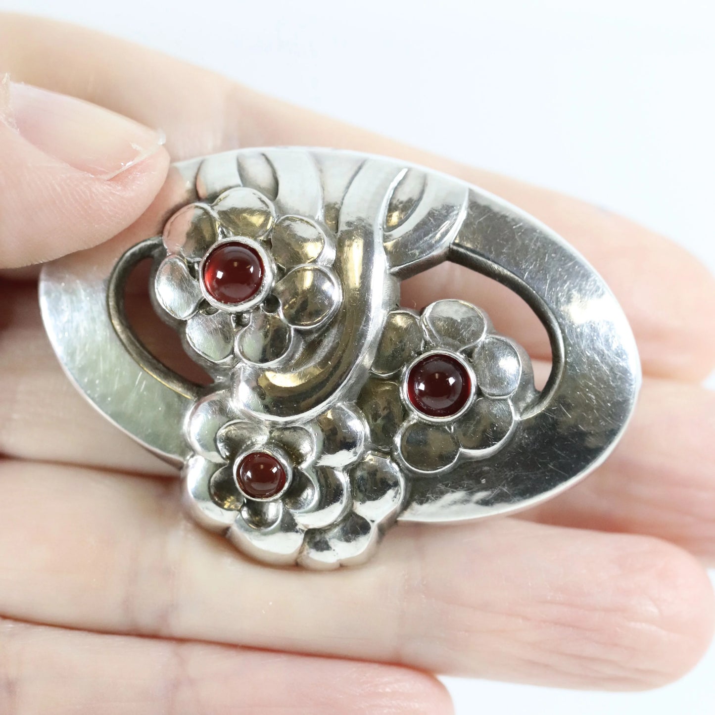 SOLD OUT: Vintage Georg Jensen Jewelry | Carnelian Art Nouveau Floral Brooch 28 - Carmel Fine Silver Jewelry