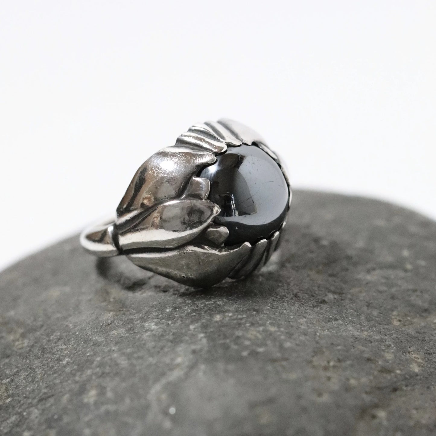SOLD OUT: Vintage Georg Jensen Jewelry | Floral Hematite Ring 59 Denmark (US 6 3/4) - Carmel Fine Silver Jewelry