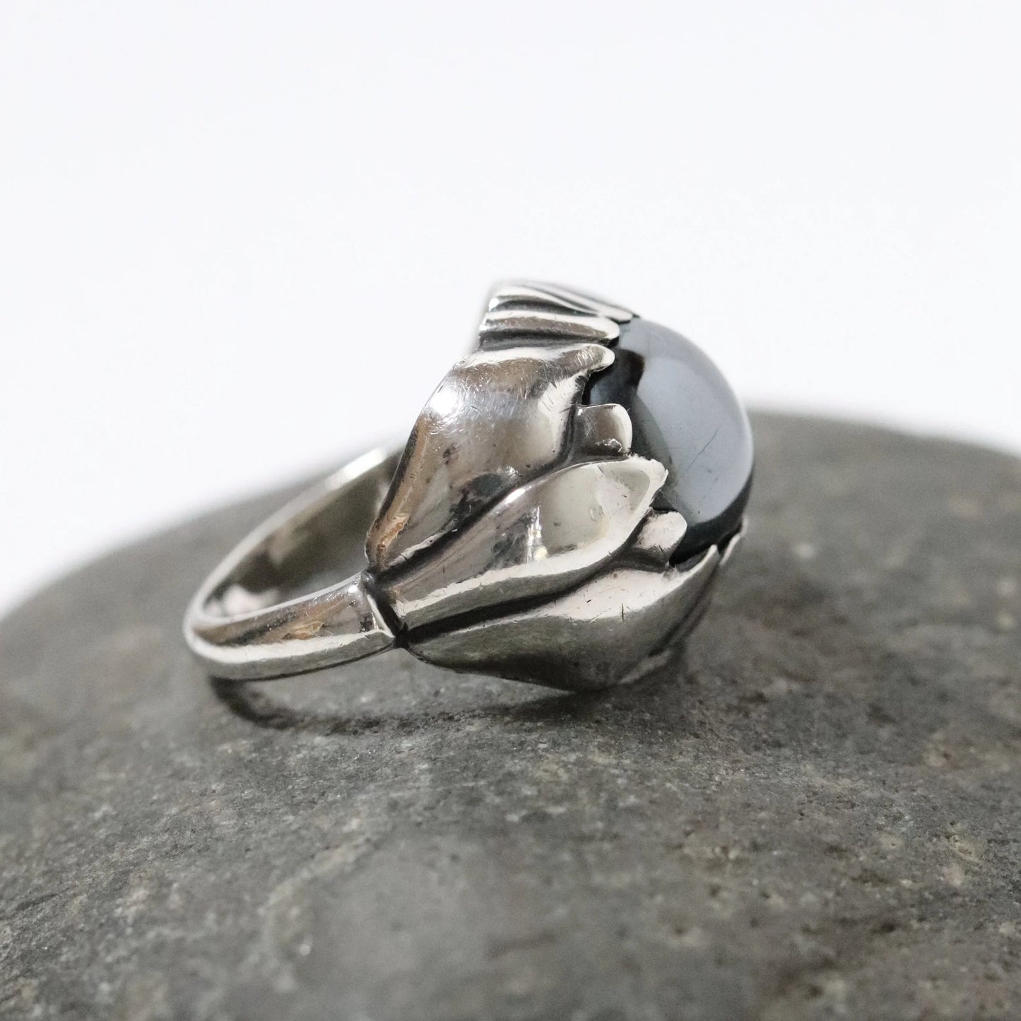 SOLD OUT: Vintage Georg Jensen Jewelry | Floral Hematite Ring 59 Denmark (US 6 3/4) - Carmel Fine Silver Jewelry