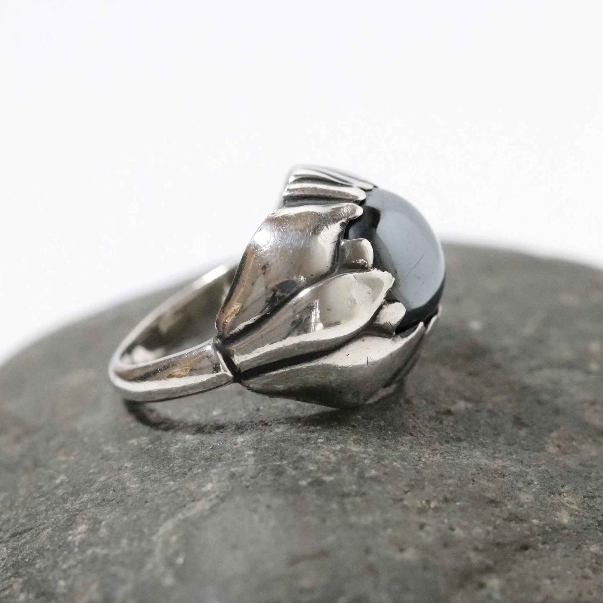 SOLD OUT: Vintage Georg Jensen Jewelry | Floral Hematite Ring 59 Denmark (US 6 3/4) - Carmel Fine Silver Jewelry