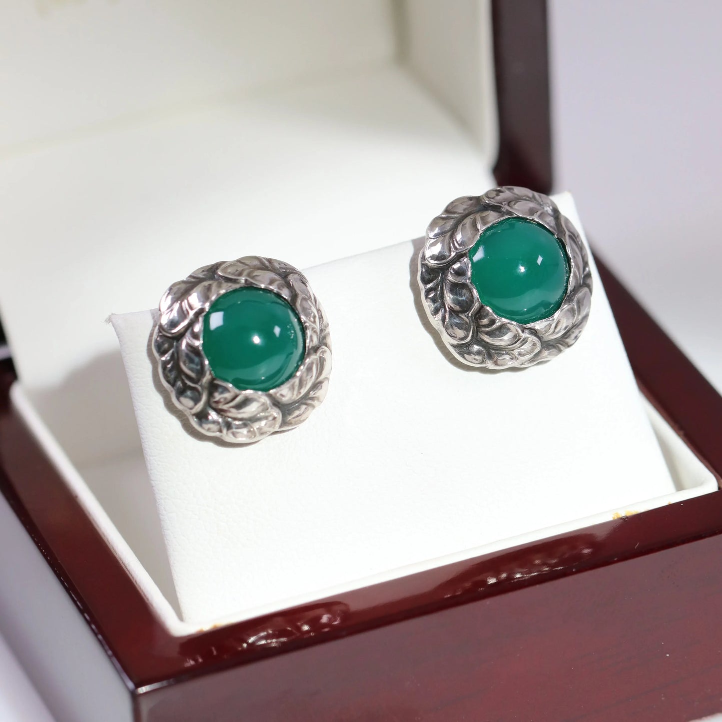 SOLD OUT: Vintage Georg Jensen Jewelry | Georg Jensen Green Agate Earrings 74 Denmark - Carmel Fine Silver Jewelry