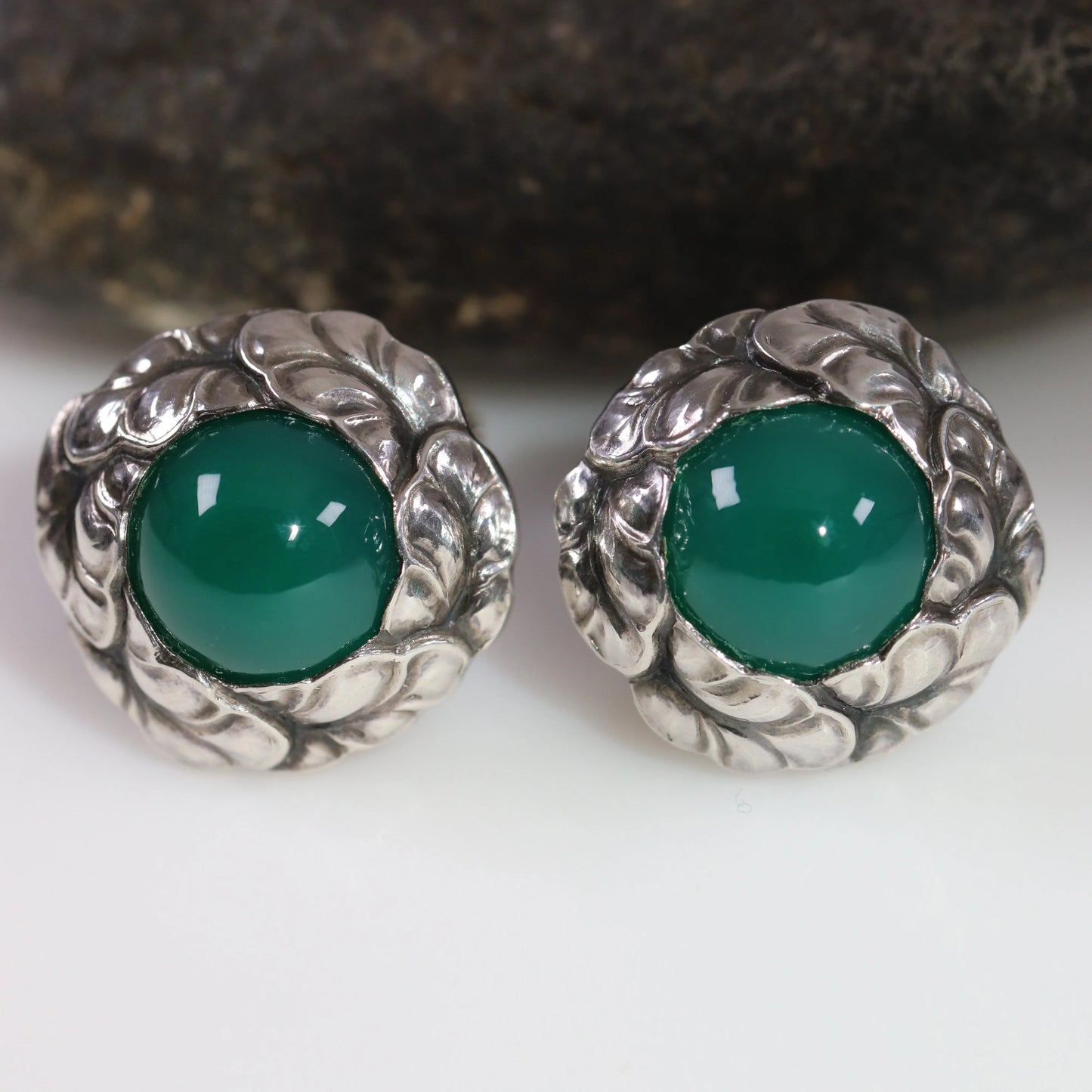 SOLD OUT: Vintage Georg Jensen Jewelry | Georg Jensen Green Agate Earrings 74 Denmark - Carmel Fine Silver Jewelry