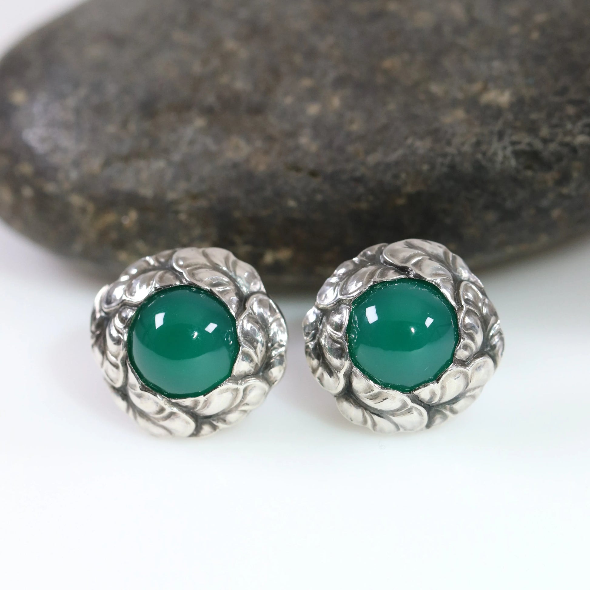 SOLD OUT: Vintage Georg Jensen Jewelry | Georg Jensen Green Agate Earrings 74 Denmark - Carmel Fine Silver Jewelry