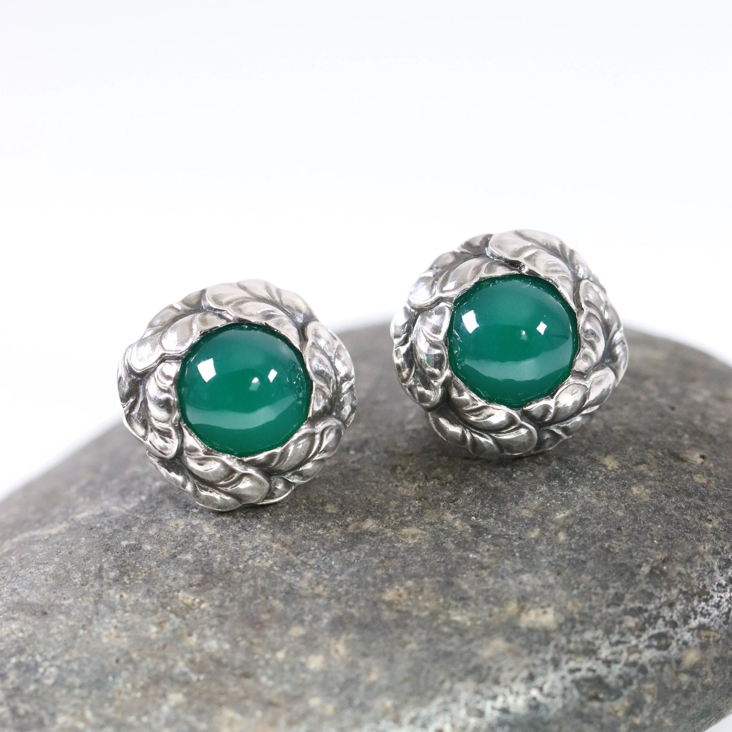 SOLD OUT: Vintage Georg Jensen Jewelry | Georg Jensen Green Agate Earrings 74 Denmark - Carmel Fine Silver Jewelry
