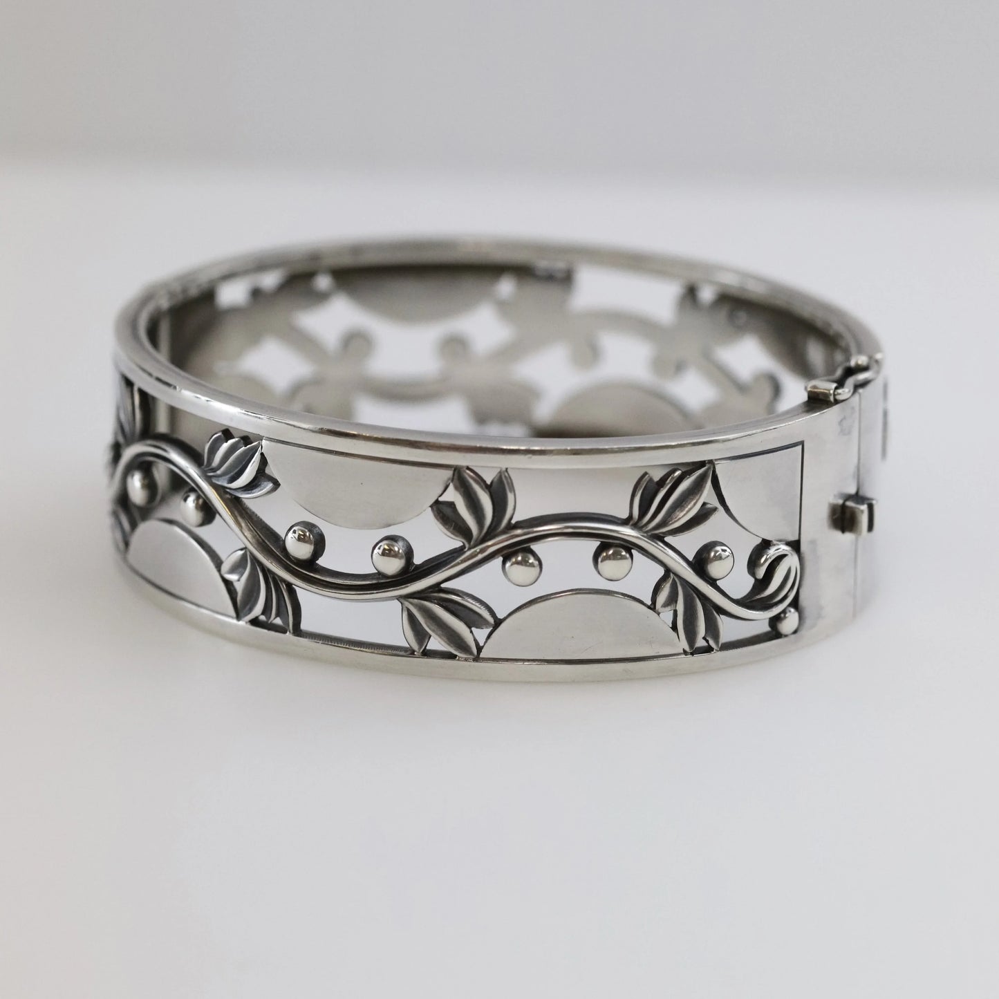 SOLD OUT: Vintage Georg Jensen Jewelry | Harald Nielsen Vine and Berry Hinged Bangle 66 - Carmel Fine Silver Jewelry