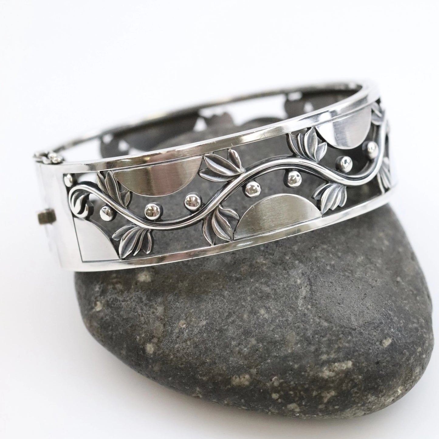 SOLD OUT: Vintage Georg Jensen Jewelry | Harald Nielsen Vine and Berry Hinged Bangle 66 - Carmel Fine Silver Jewelry