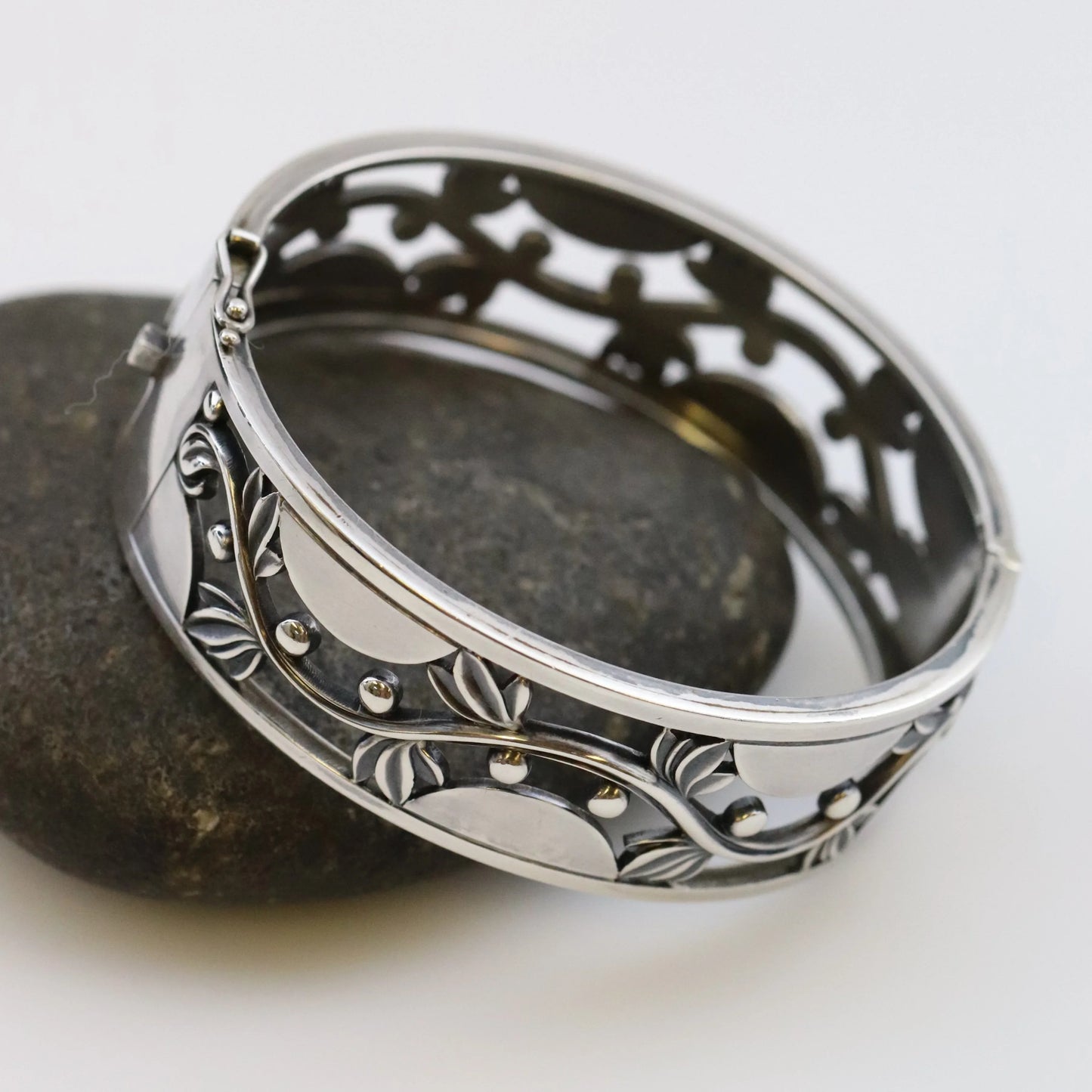 SOLD OUT: Vintage Georg Jensen Jewelry | Harald Nielsen Vine and Berry Hinged Bangle 66 - Carmel Fine Silver Jewelry