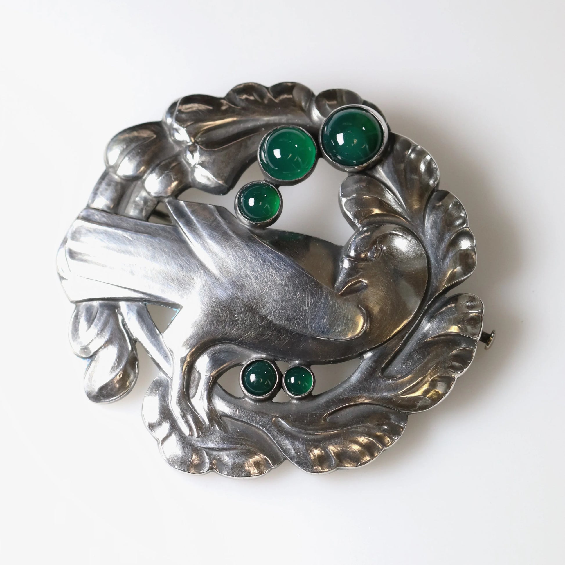SOLD OUT: Vintage Georg Jensen Jewelry | Large Green Chrysoprase Dove Brooch 70 Denmark - Carmel Fine Silver Jewelry