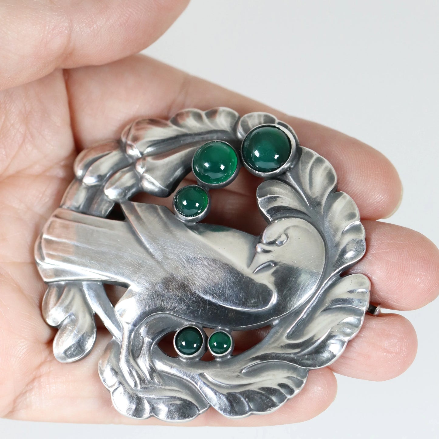 SOLD OUT: Vintage Georg Jensen Jewelry | Large Green Chrysoprase Dove Brooch 70 Denmark - Carmel Fine Silver Jewelry