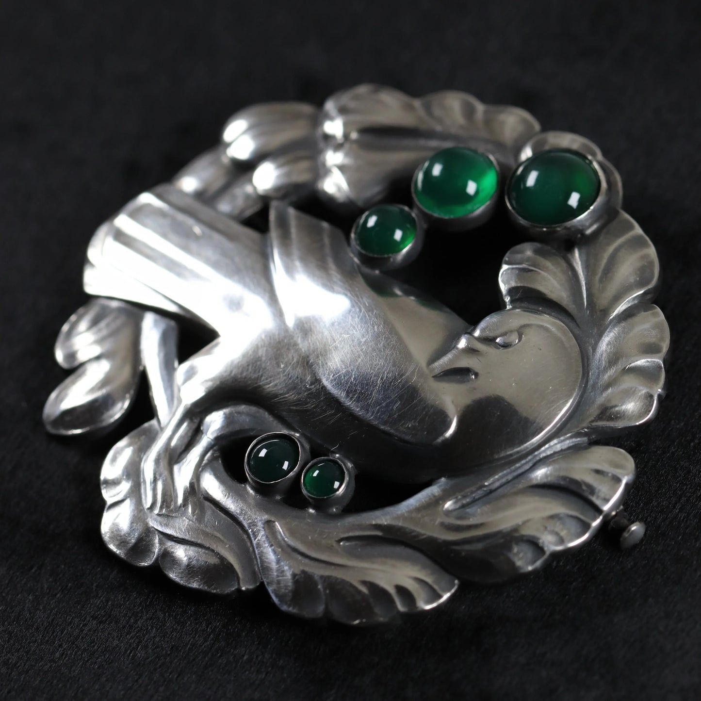 SOLD OUT: Vintage Georg Jensen Jewelry | Large Green Chrysoprase Dove Brooch 70 Denmark - Carmel Fine Silver Jewelry