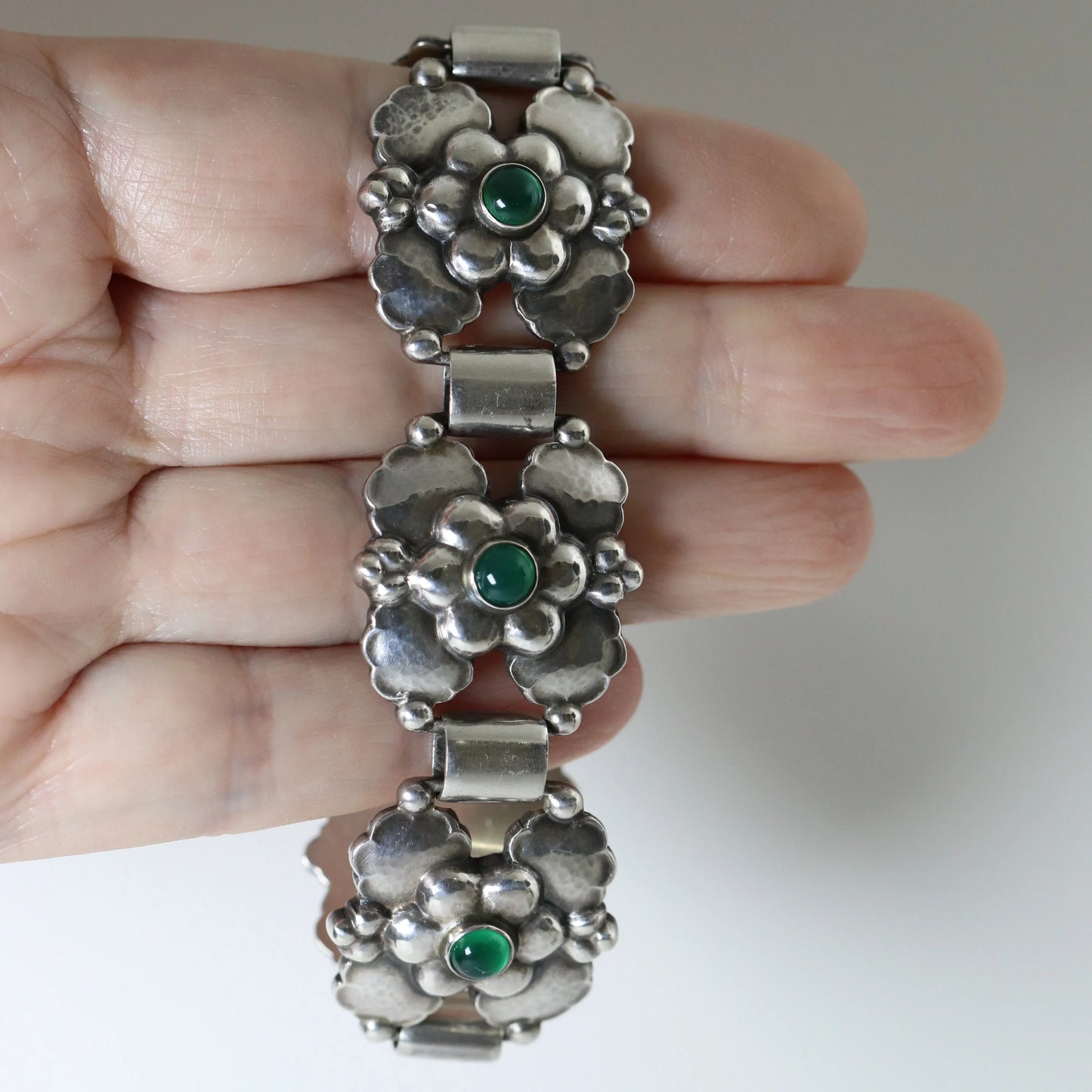 SOLD OUT: Vintage Georg Jensen Jewelry | Rare Art Nouveau Chrysoprase Floral Bracelet 61 Denmark - Carmel Fine Silver Jewelry