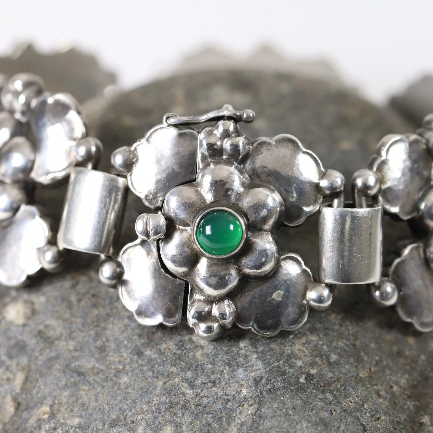 SOLD OUT: Vintage Georg Jensen Jewelry | Rare Art Nouveau Chrysoprase Floral Bracelet 61 Denmark - Carmel Fine Silver Jewelry