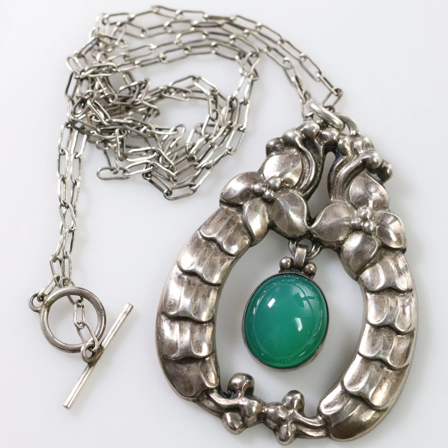 SOLD OUT: Vintage Georg Jensen Jewelry | Rare Early Green Agate Pendant Necklace 14 - Carmel Fine Silver Jewelry