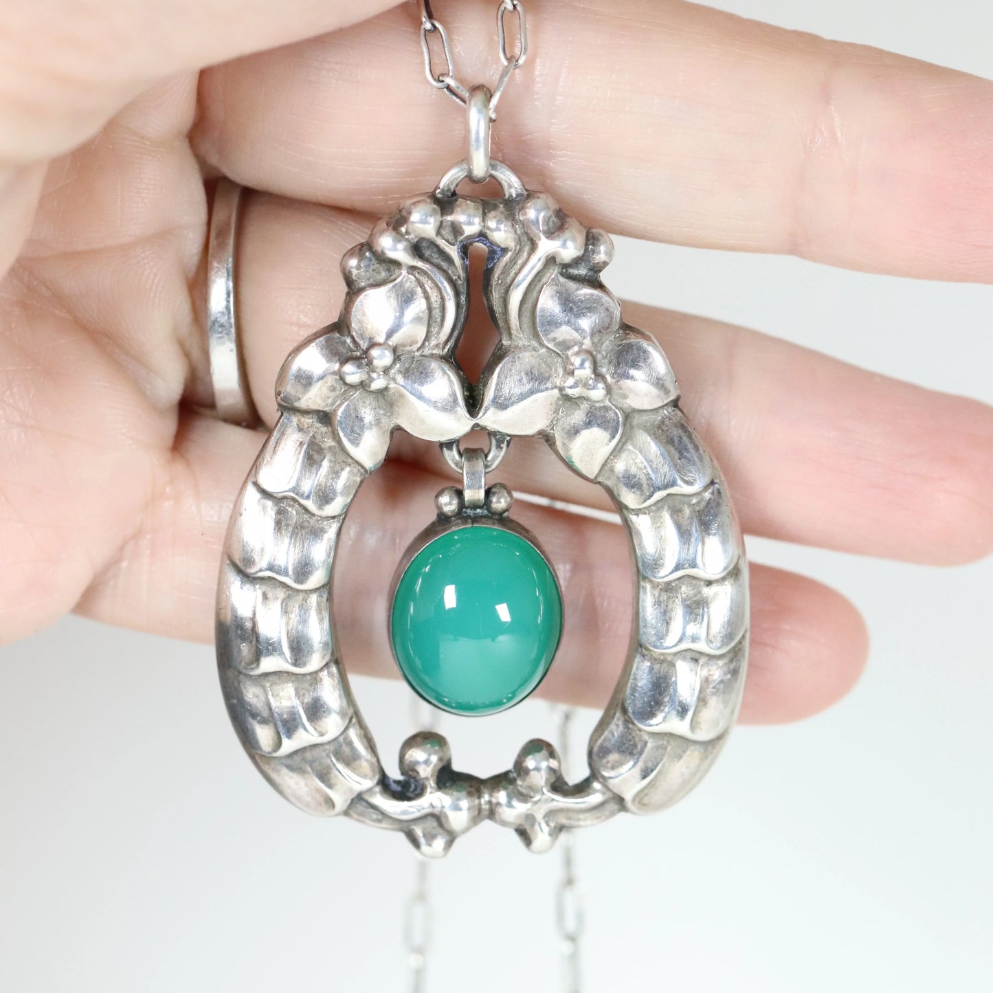 SOLD OUT: Vintage Georg Jensen Jewelry | Rare Early Green Agate Pendant Necklace 14 - Carmel Fine Silver Jewelry