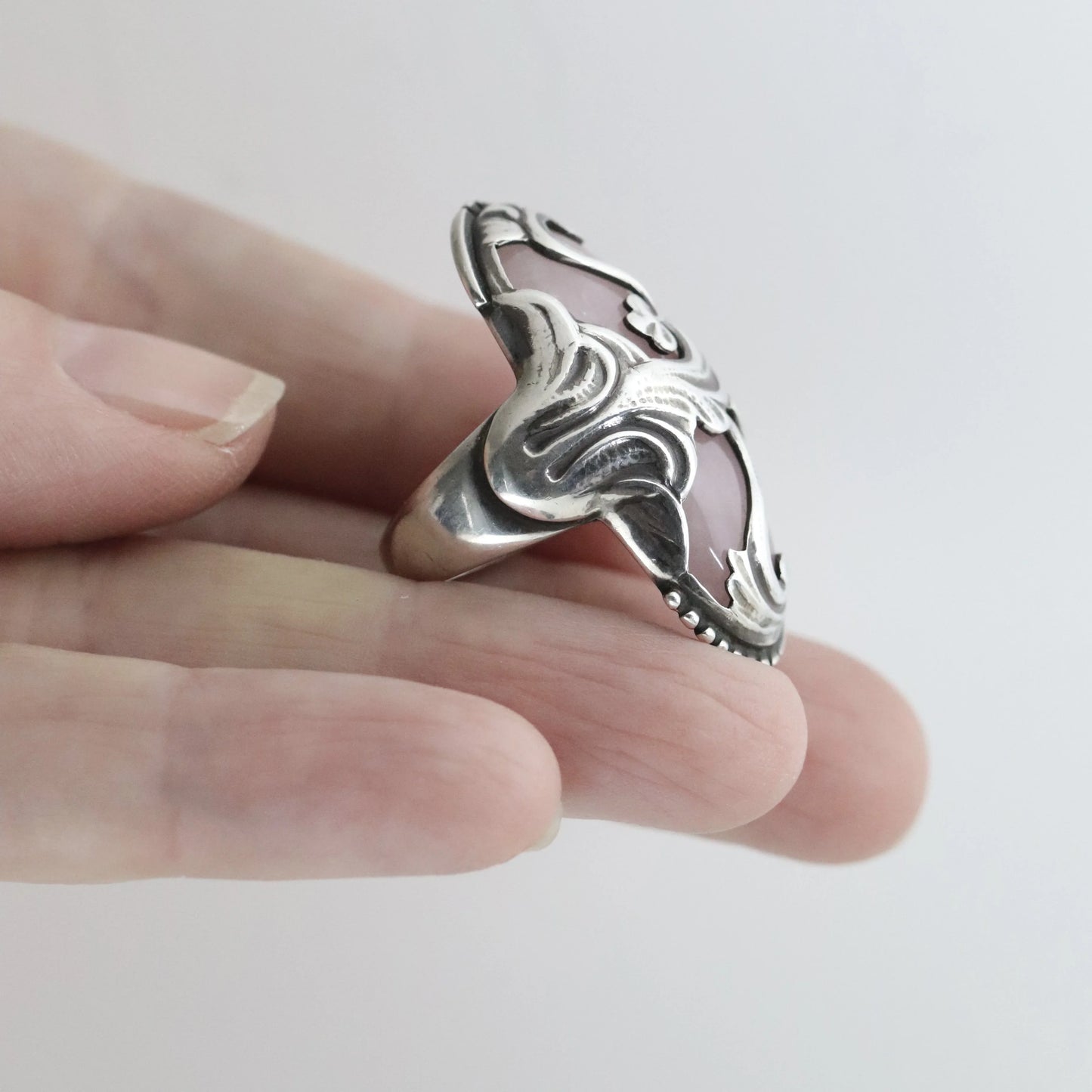 SOLD OUT: Vintage Georg Jensen Jewelry | Rare Rose Quartz Art Nouveau Statement Ring 18 Denmark (US Size 6 1/4) - Carmel Fine Silver Jewelry