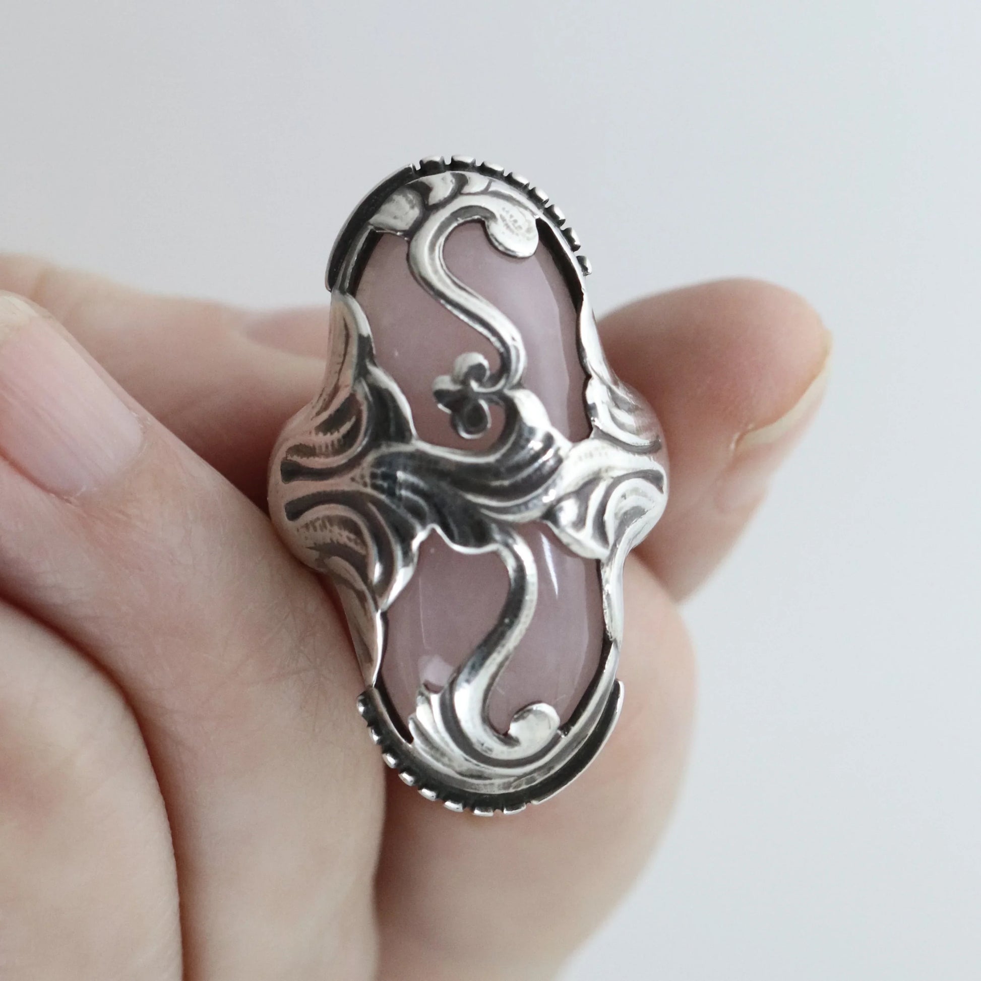 SOLD OUT: Vintage Georg Jensen Jewelry | Rare Rose Quartz Art Nouveau Statement Ring 18 Denmark (US Size 6 1/4) - Carmel Fine Silver Jewelry