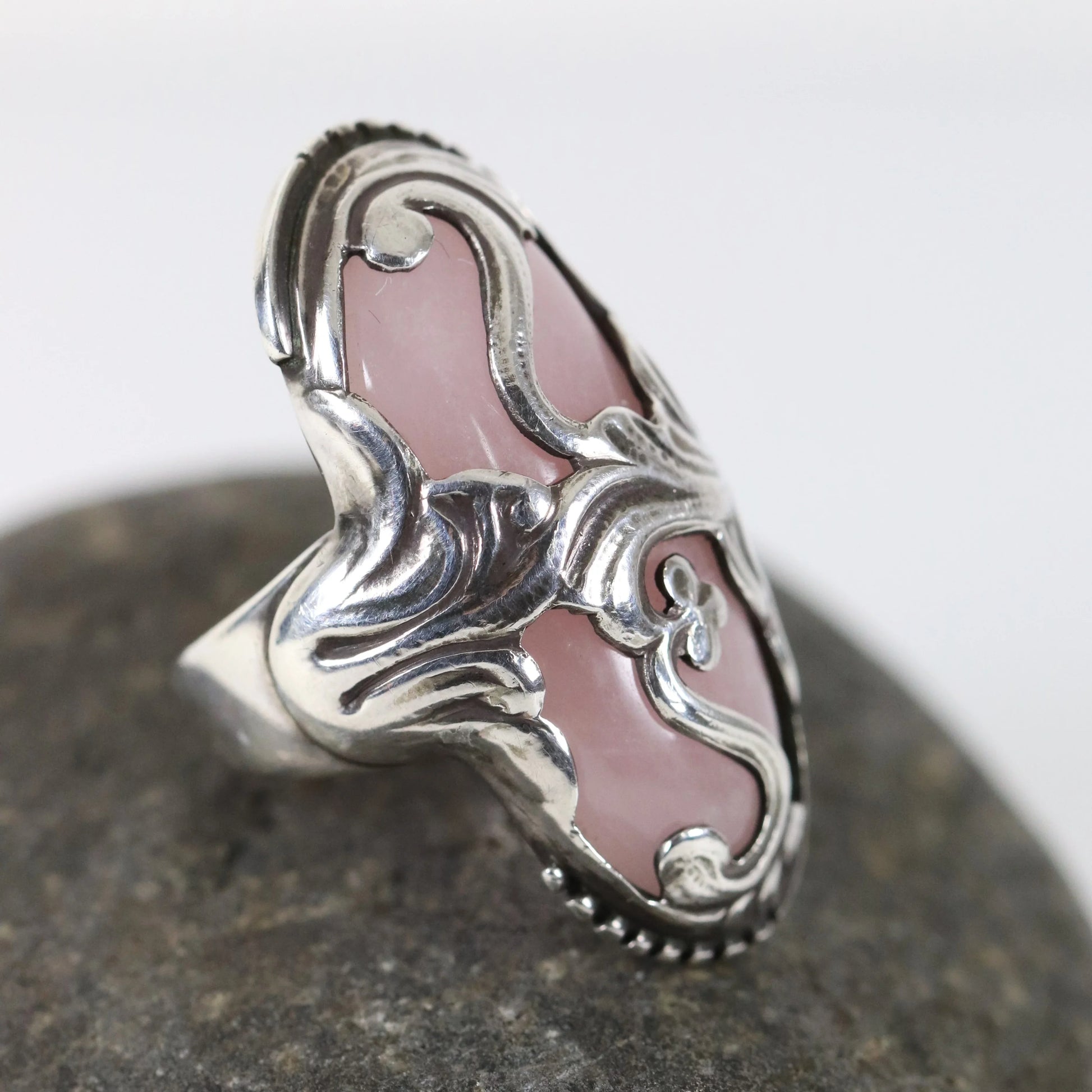 SOLD OUT: Vintage Georg Jensen Jewelry | Rare Rose Quartz Art Nouveau Statement Ring 18 Denmark (US Size 6 1/4) - Carmel Fine Silver Jewelry