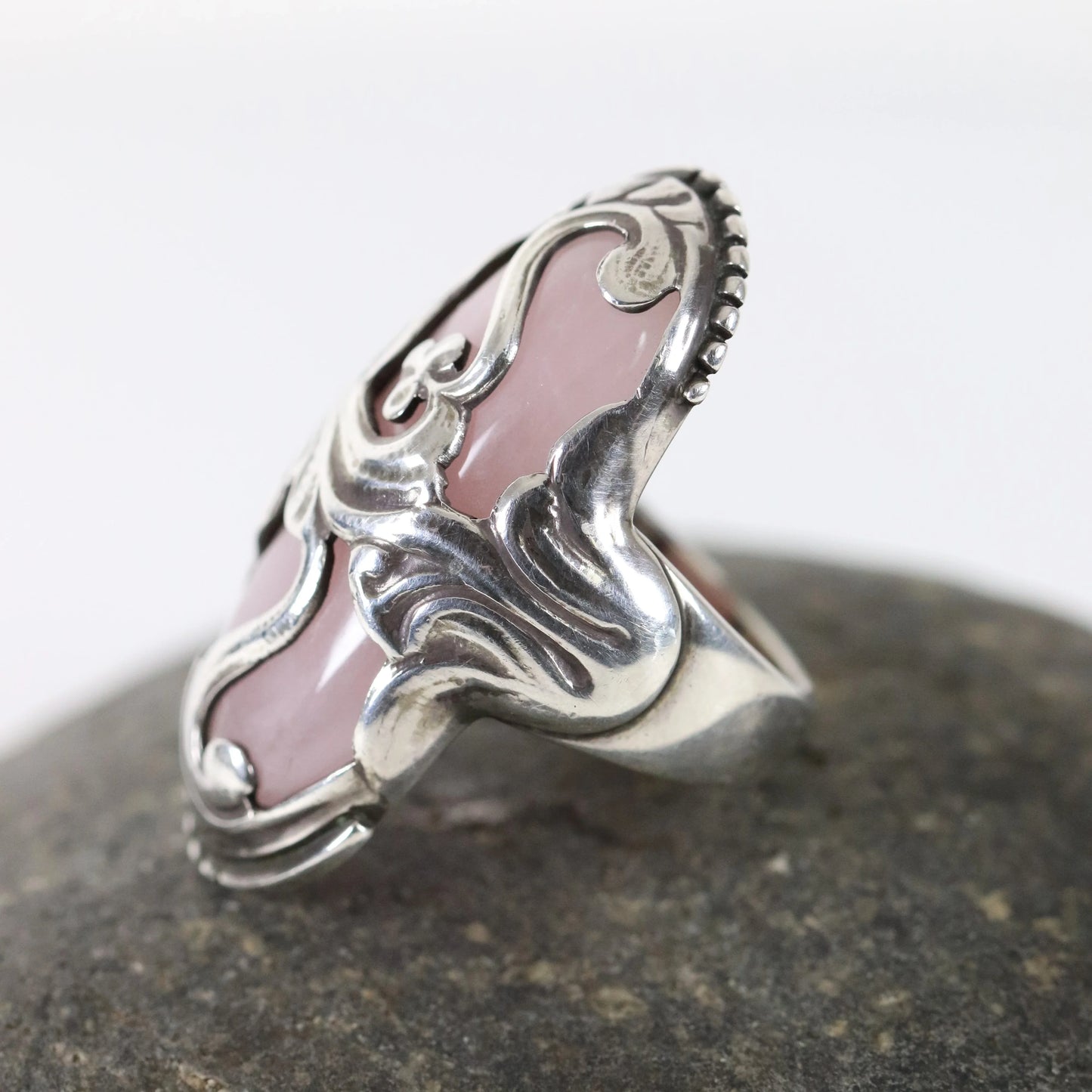 SOLD OUT: Vintage Georg Jensen Jewelry | Rare Rose Quartz Art Nouveau Statement Ring 18 Denmark (US Size 6 1/4) - Carmel Fine Silver Jewelry