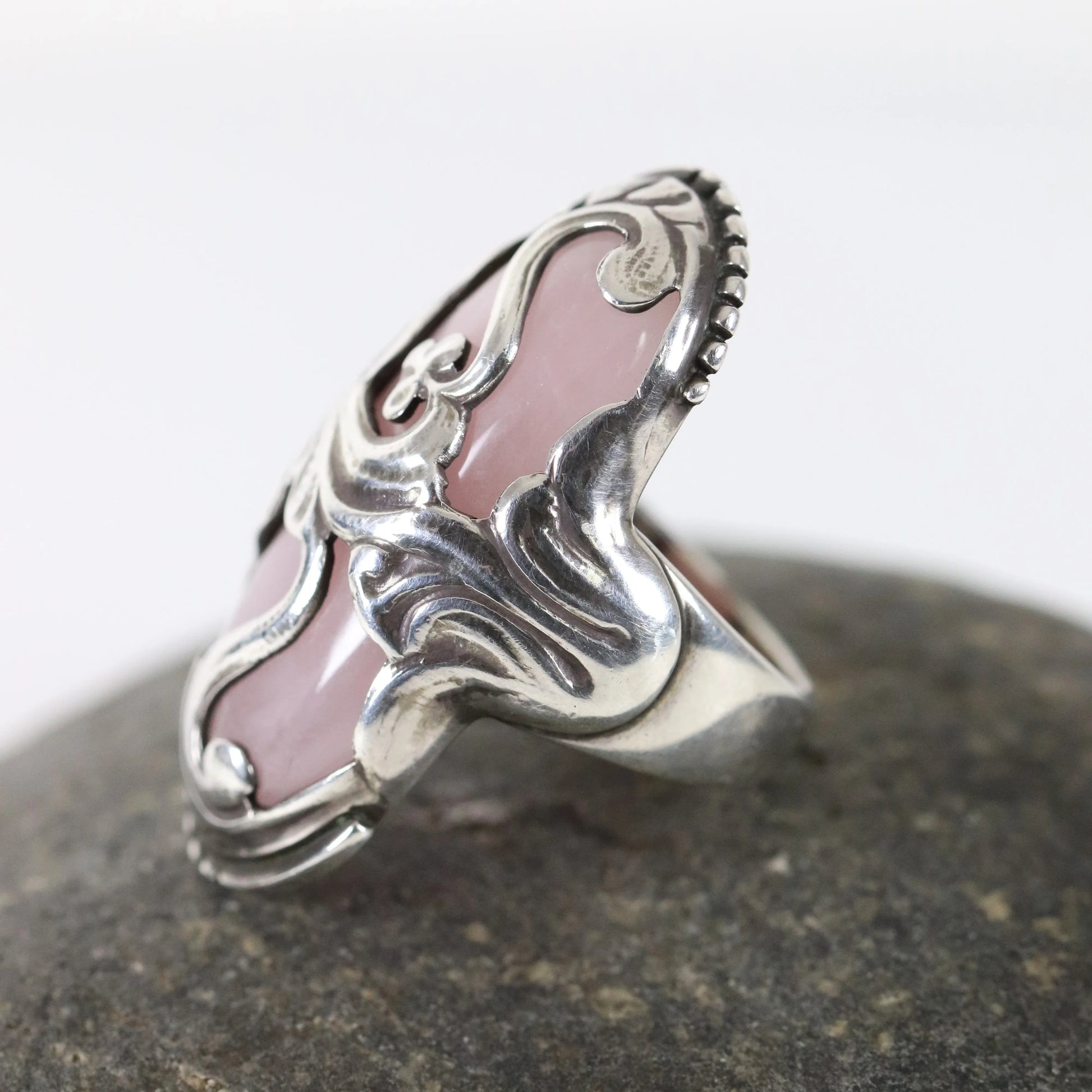 SOLD OUT: Vintage Georg Jensen Jewelry | Rare Rose Quartz Art Nouveau Statement Ring 18 Denmark (US Size 6 1/4) - Carmel Fine Silver Jewelry