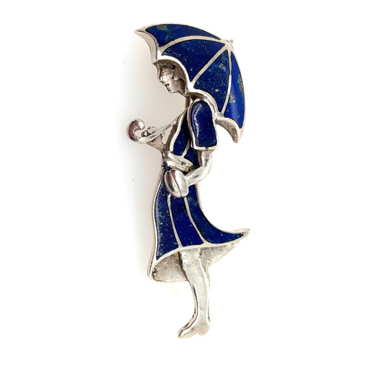 SOLD OUT: Vintage Handcrafted Silver Jewelry | Art Deco Girl and Umbrella Lapis Lazuli Brooch - Carmel Fine Silver Jewelry