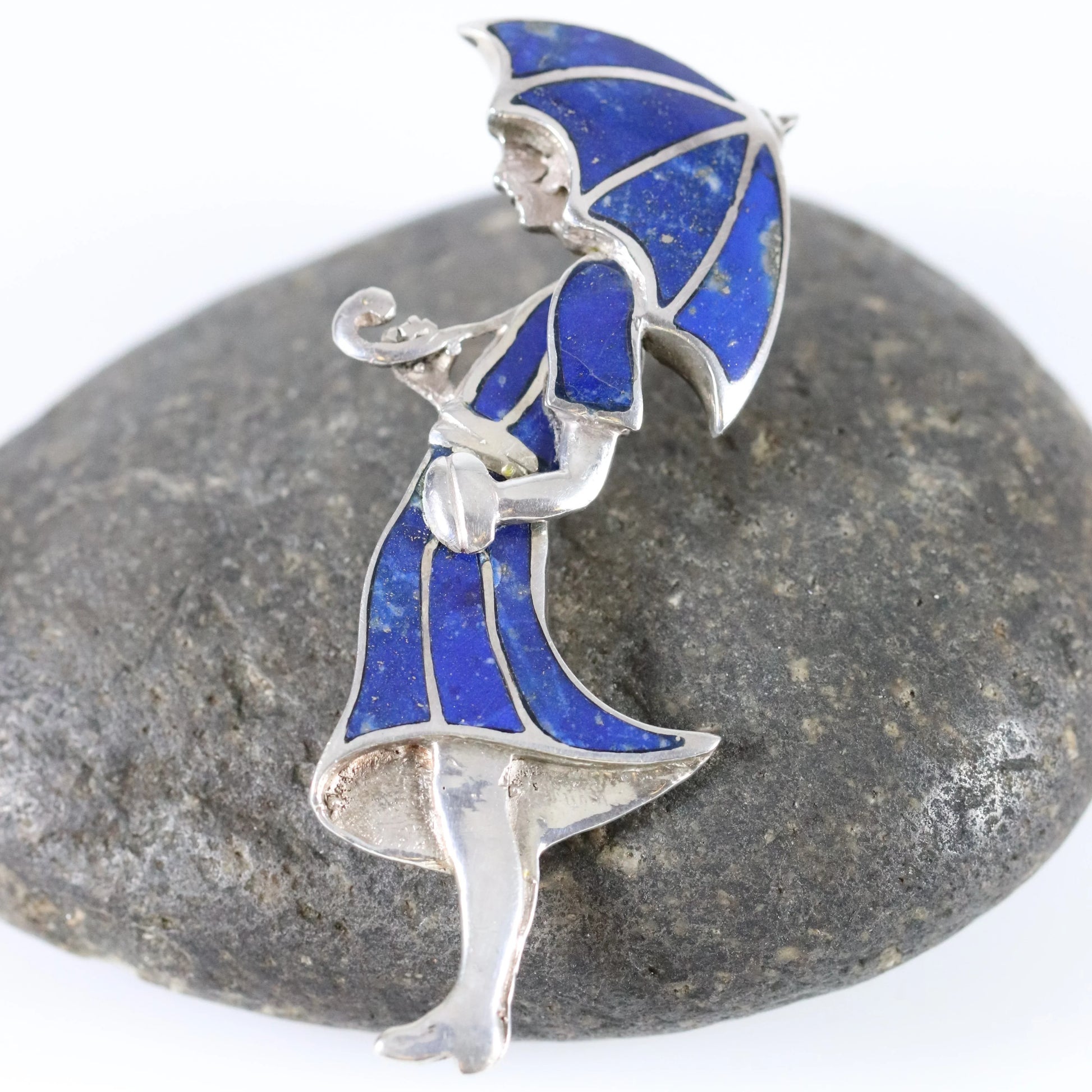 SOLD OUT: Vintage Handcrafted Silver Jewelry | Art Deco Girl and Umbrella Lapis Lazuli Brooch - Carmel Fine Silver Jewelry