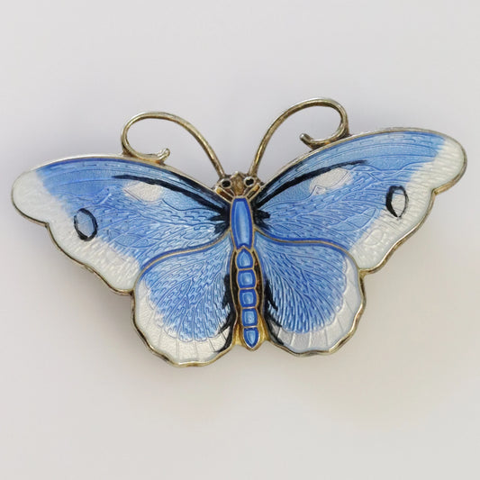 SOLD OUT: Vintage Hroar Prydz Enamel Jewelry | Blue and White Guilloche Enamel Butterfly Brooch - Carmel Fine Silver Jewelry