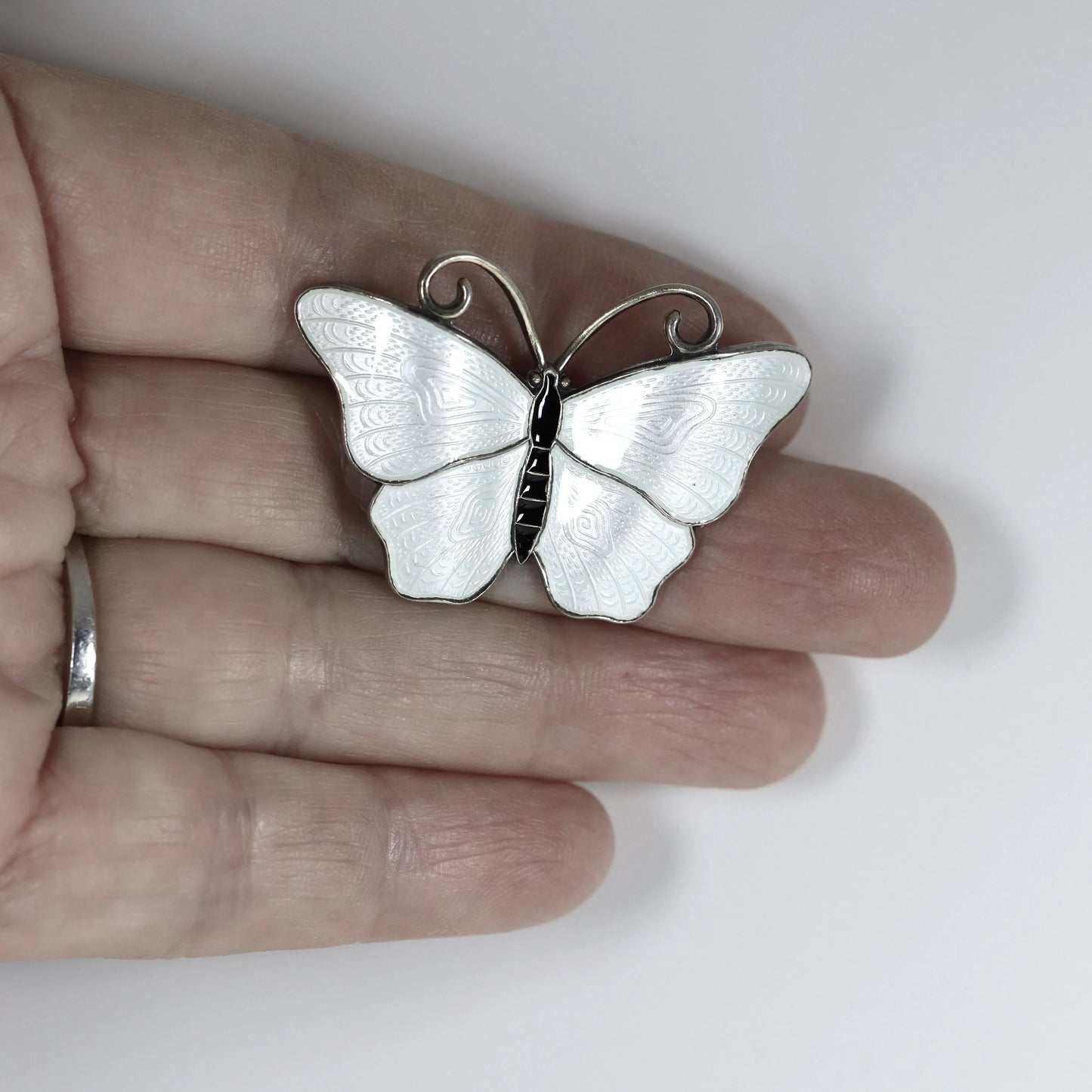 SOLD OUT: Vintage Ivar T Holth Enamel Vintage Silver Jewelry | White Enamel Butterfly Brooch - Carmel Fine Silver Jewelry