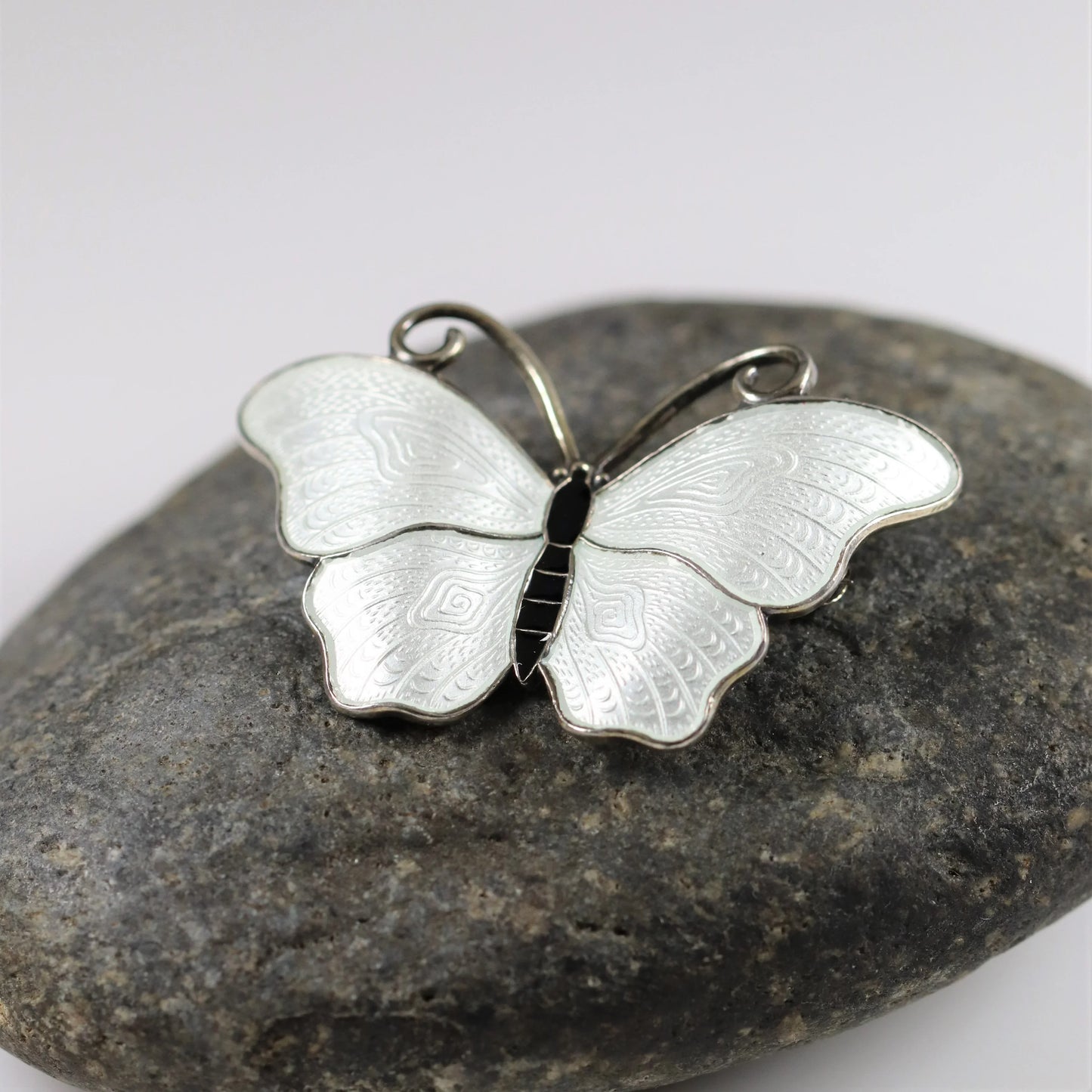 SOLD OUT: Vintage Ivar T Holth Enamel Vintage Silver Jewelry | White Enamel Butterfly Brooch - Carmel Fine Silver Jewelry