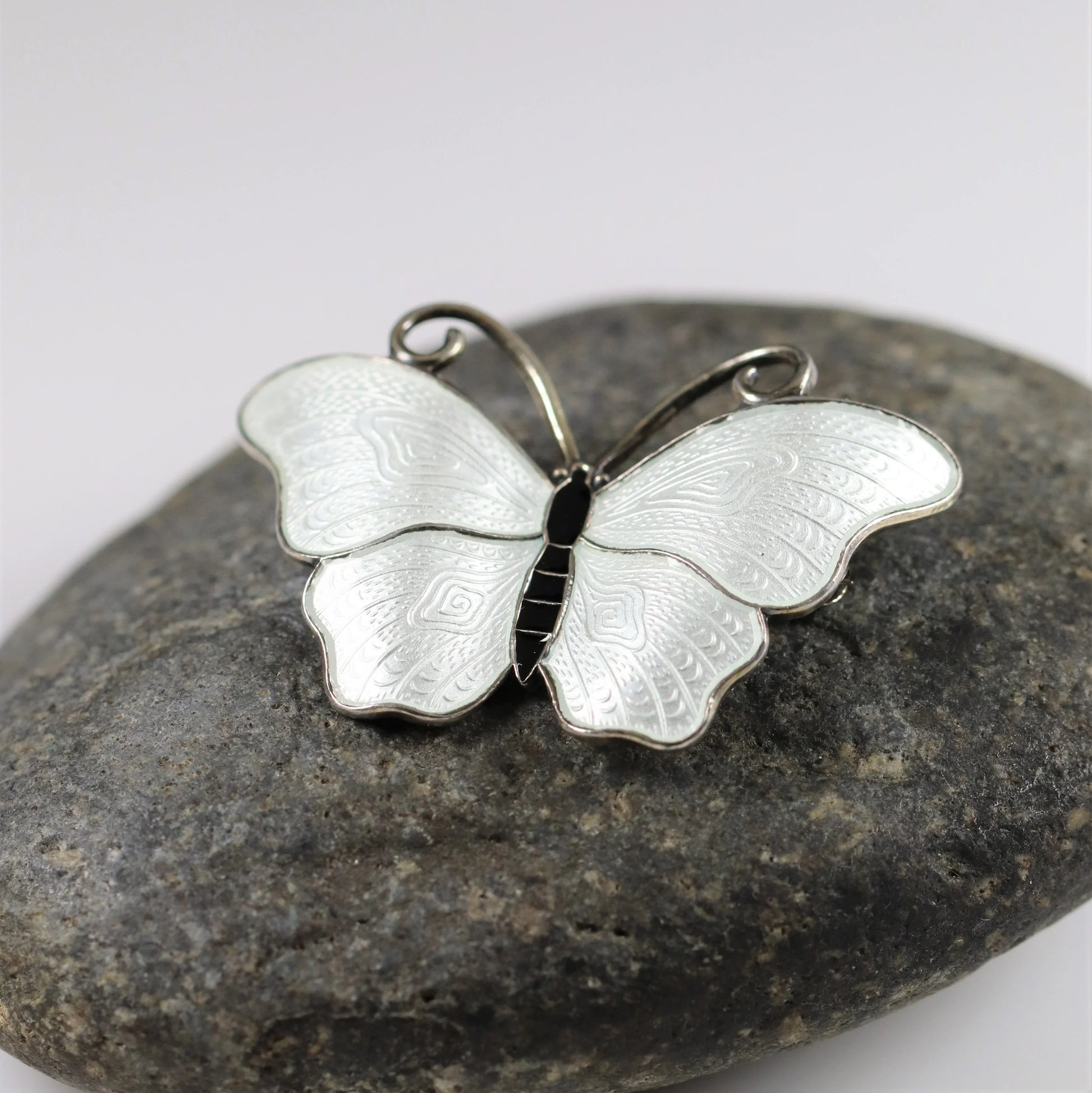 SOLD OUT: Vintage Ivar T Holth Enamel Vintage Silver Jewelry | White Enamel Butterfly Brooch - Carmel Fine Silver Jewelry