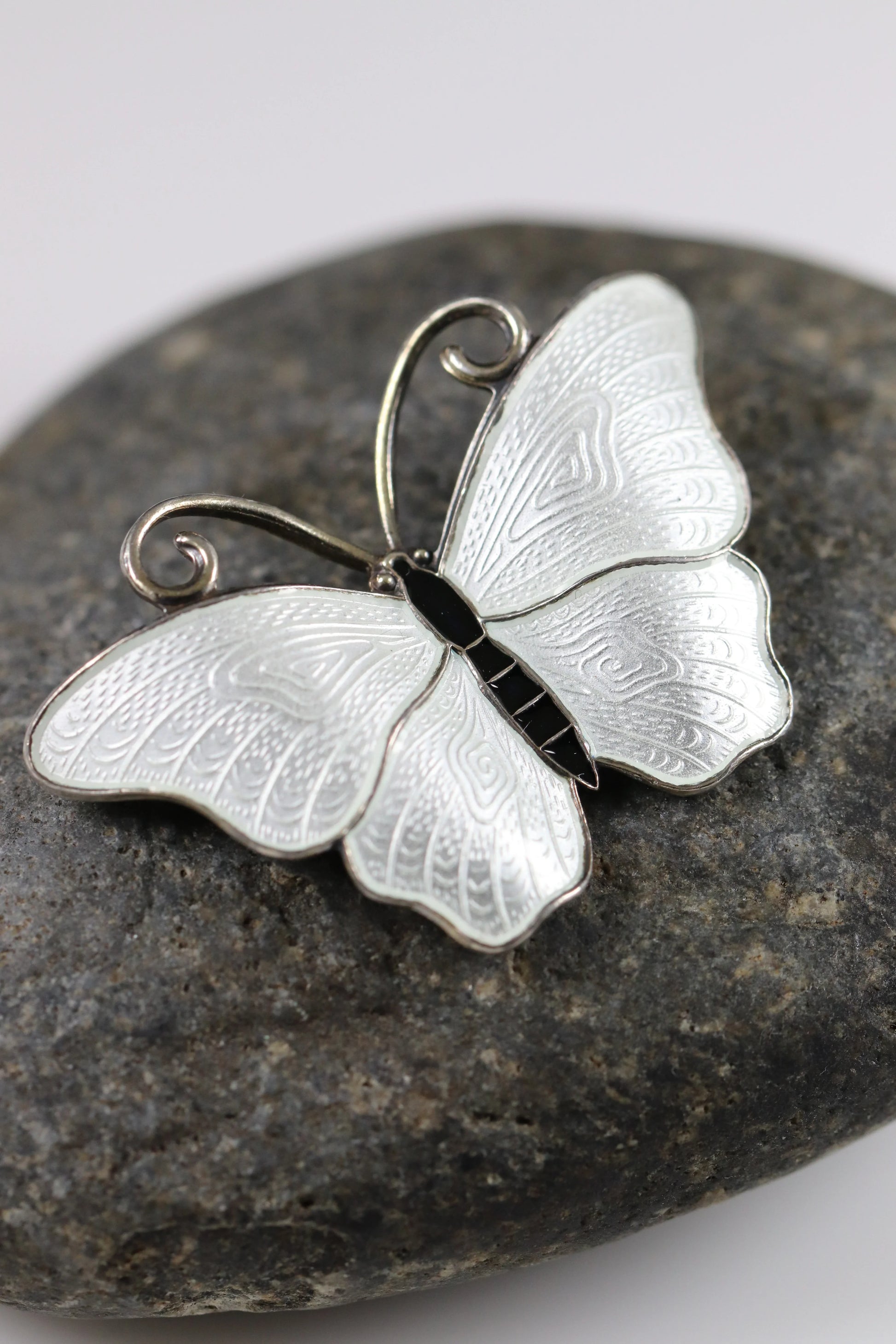 SOLD OUT: Vintage Ivar T Holth Enamel Vintage Silver Jewelry | White Enamel Butterfly Brooch - Carmel Fine Silver Jewelry