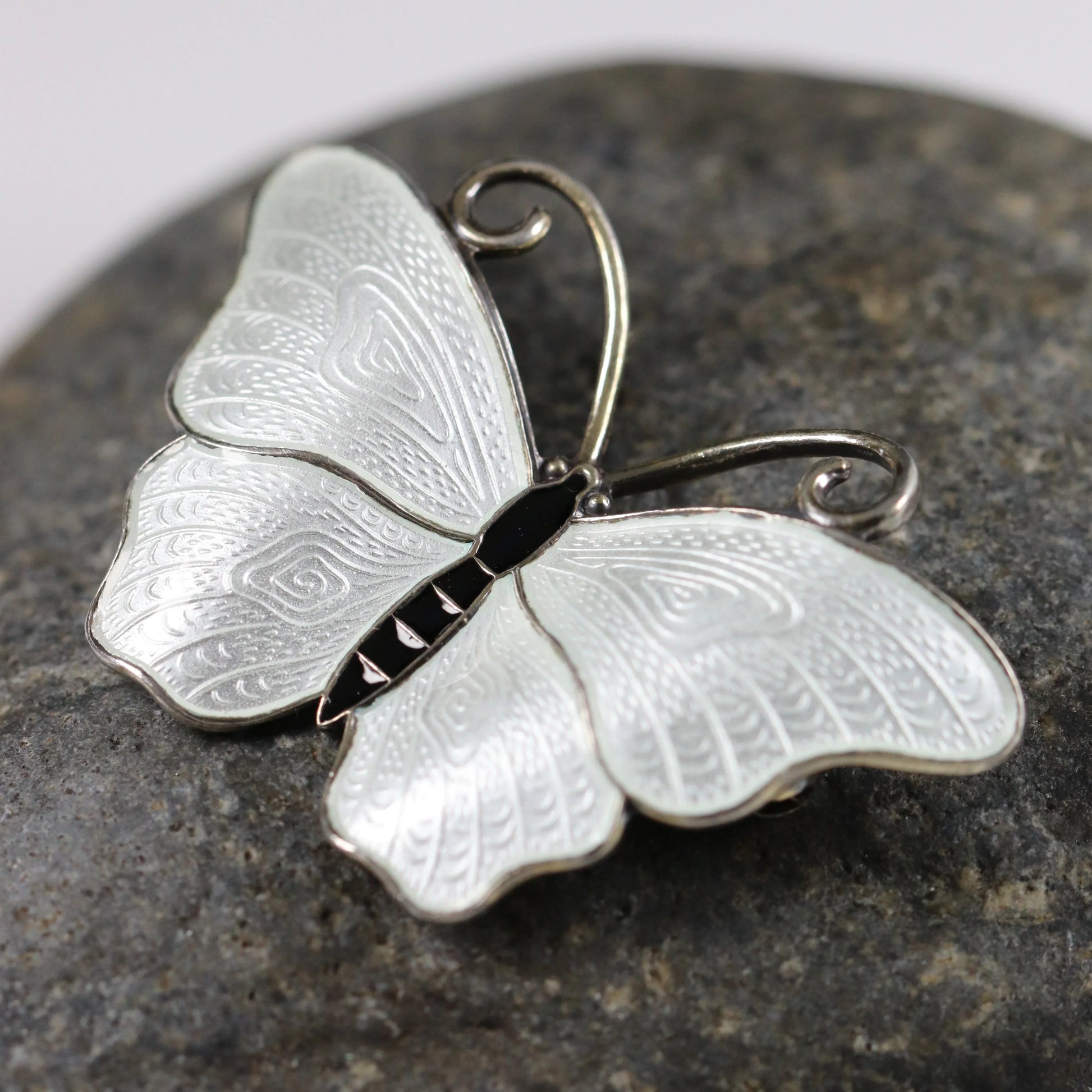 SOLD OUT: Vintage Ivar T Holth Enamel Vintage Silver Jewelry | White Enamel Butterfly Brooch - Carmel Fine Silver Jewelry