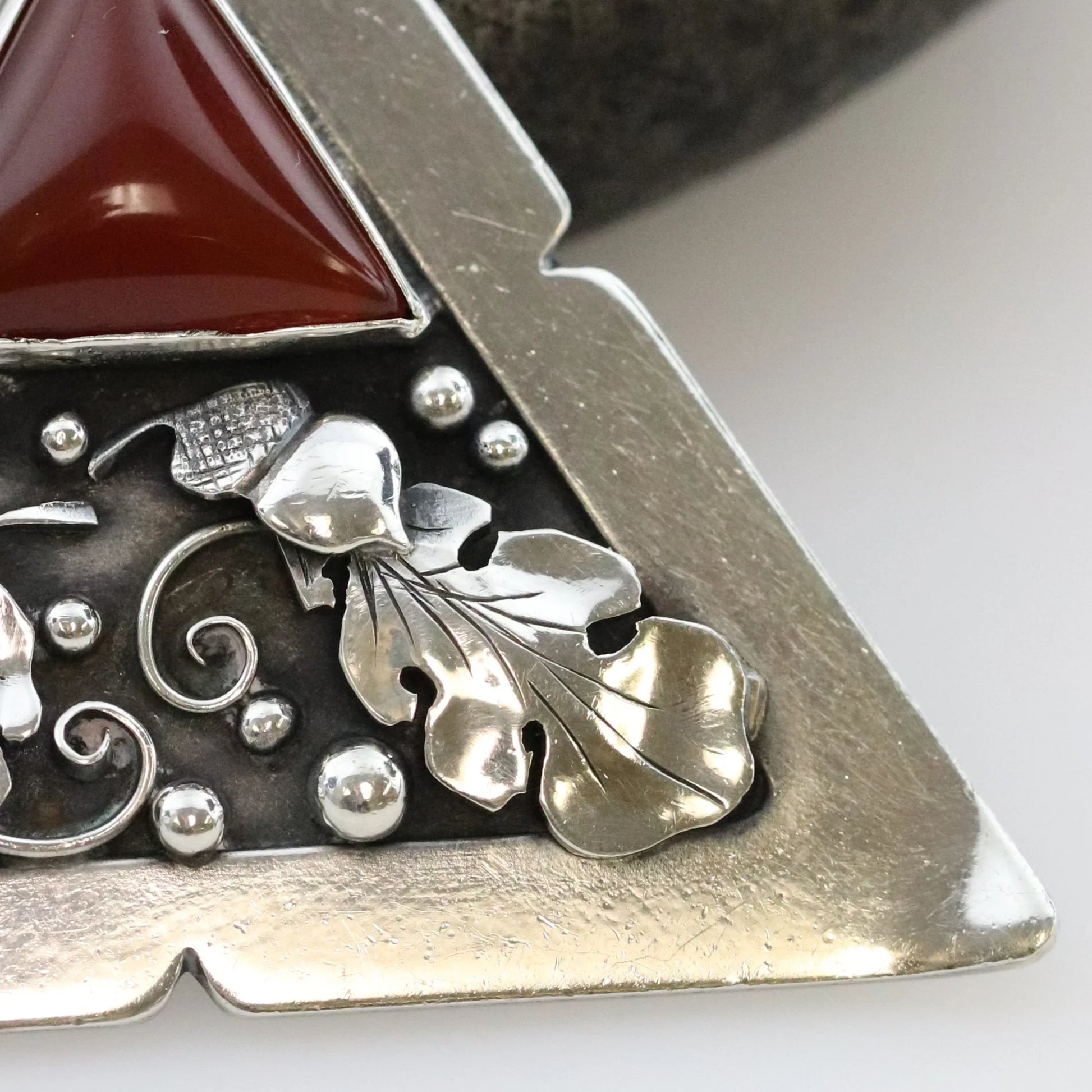 SOLD OUT: Vintage Lawrence Foss Silver Jewelry | Ornate Foliate Carnelian Pendant - Carmel Fine Silver Jewelry