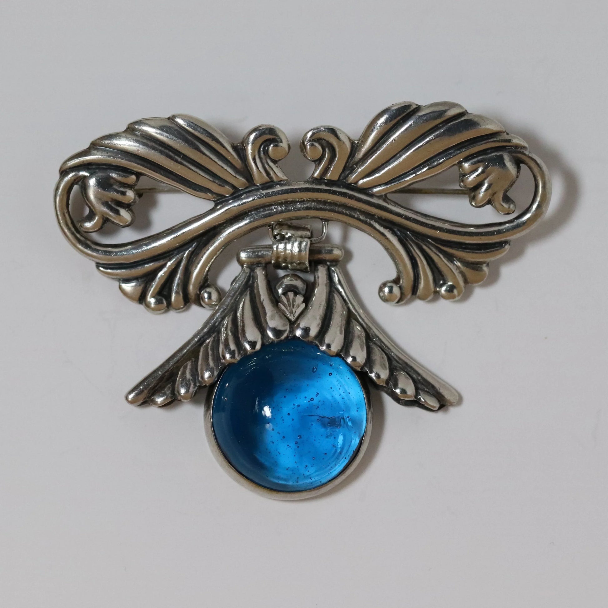 SOLD OUT: Vintage Los Castillo Jewelry | Blue Glass Cabochon Foliate Brooch 692 Mexico - Carmel Fine Silver Jewelry