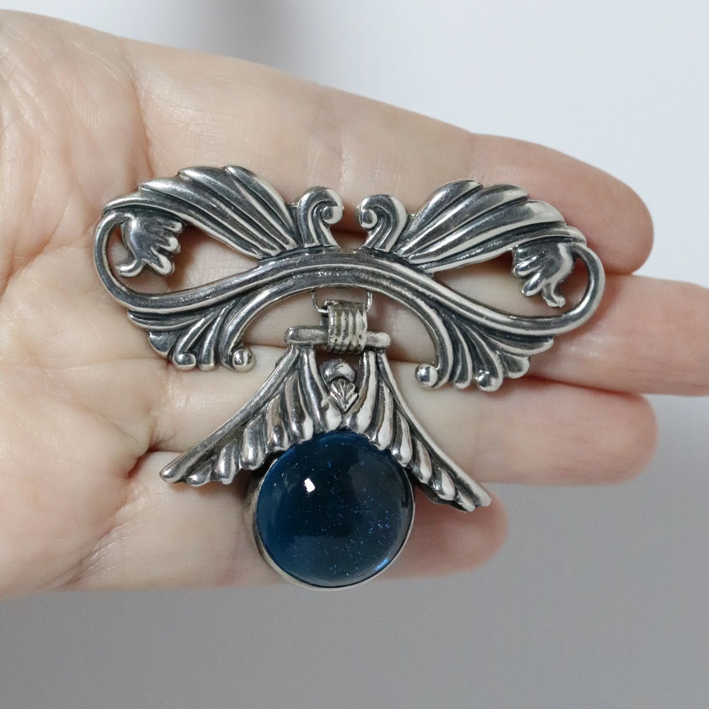 SOLD OUT: Vintage Los Castillo Jewelry | Blue Glass Cabochon Foliate Brooch 692 Mexico - Carmel Fine Silver Jewelry
