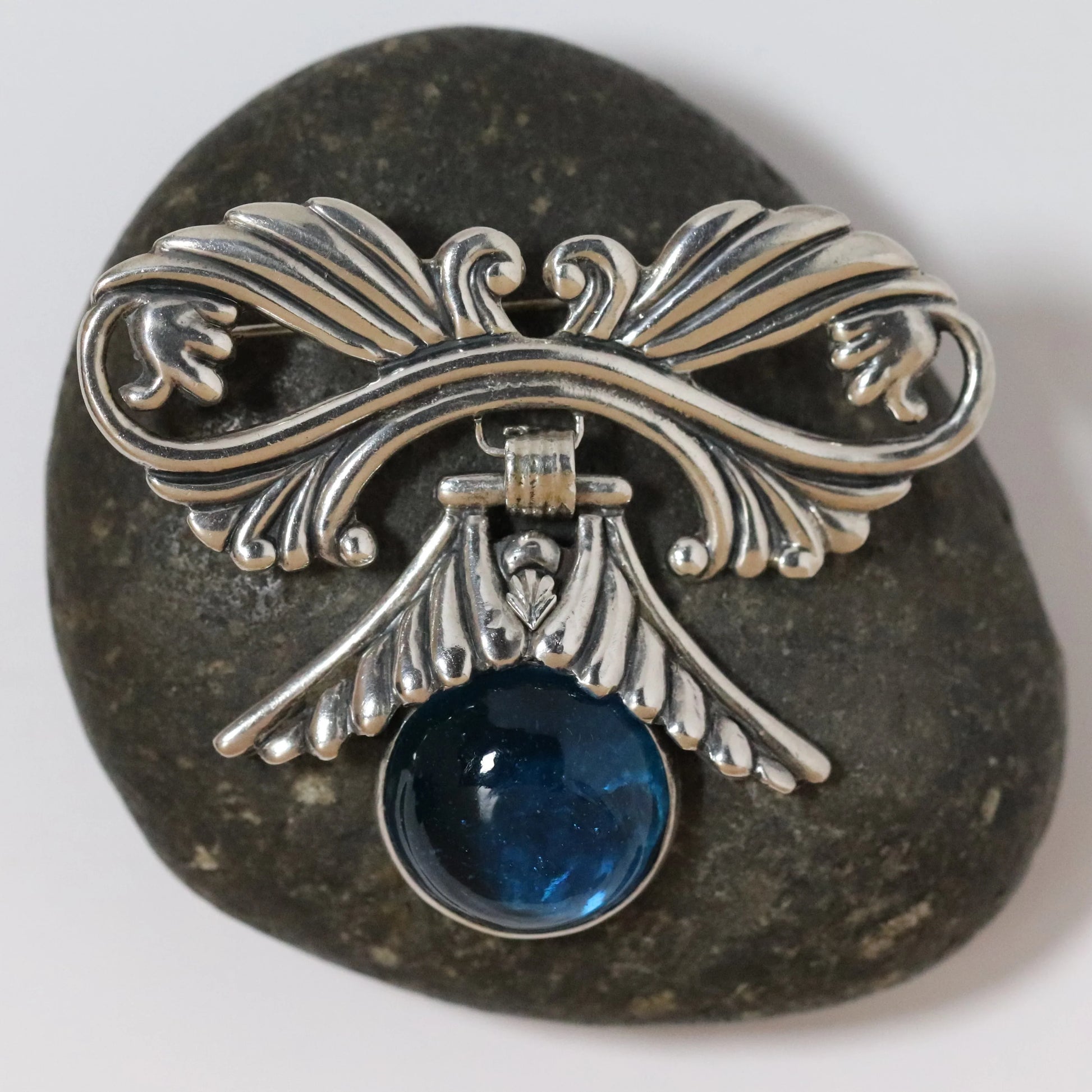 SOLD OUT: Vintage Los Castillo Jewelry | Blue Glass Cabochon Foliate Brooch 692 Mexico - Carmel Fine Silver Jewelry