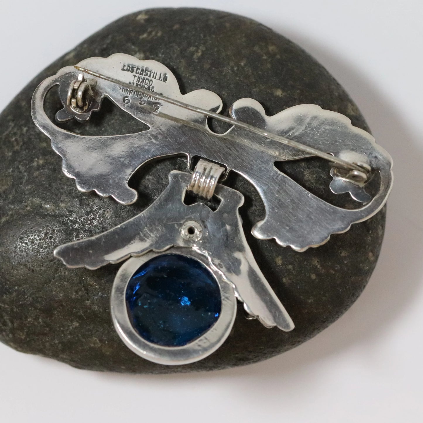 SOLD OUT: Vintage Los Castillo Jewelry | Blue Glass Cabochon Foliate Brooch 692 Mexico - Carmel Fine Silver Jewelry
