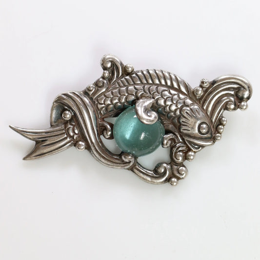 SOLD OUT: Vintage Los Castillo Taxco Mexican Jewelry | Blue Glass Fish in the Sea Brooch - Carmel Fine Silver Jewelry