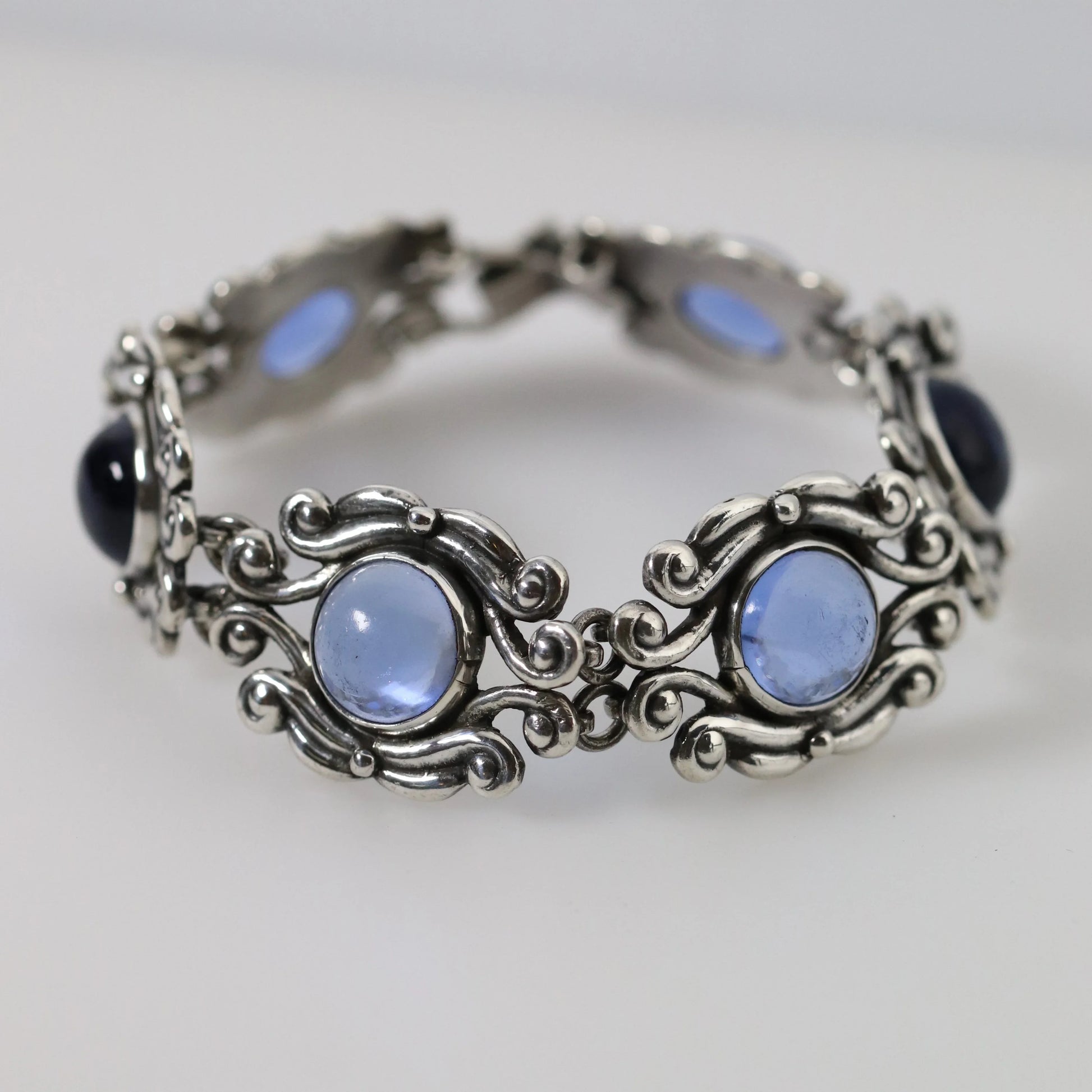 SOLD OUT: Vintage Los Castillo Taxco Mexican Jewelry | Ornate Blue Glass Bracelet - Carmel Fine Silver Jewelry