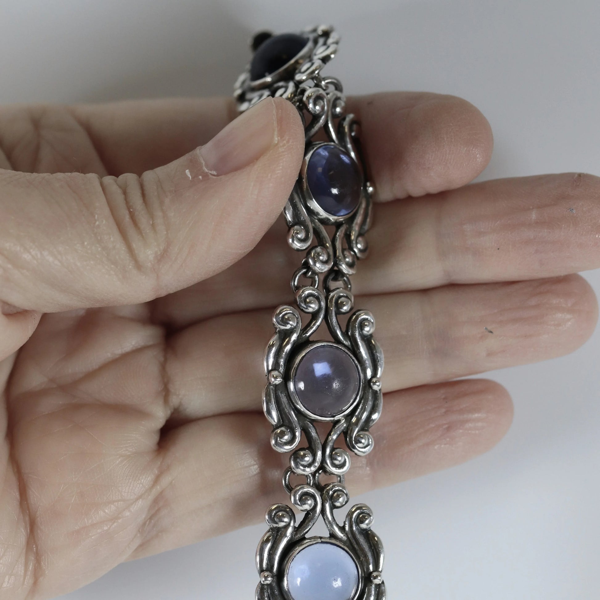 SOLD OUT: Vintage Los Castillo Taxco Mexican Jewelry | Ornate Blue Glass Bracelet - Carmel Fine Silver Jewelry