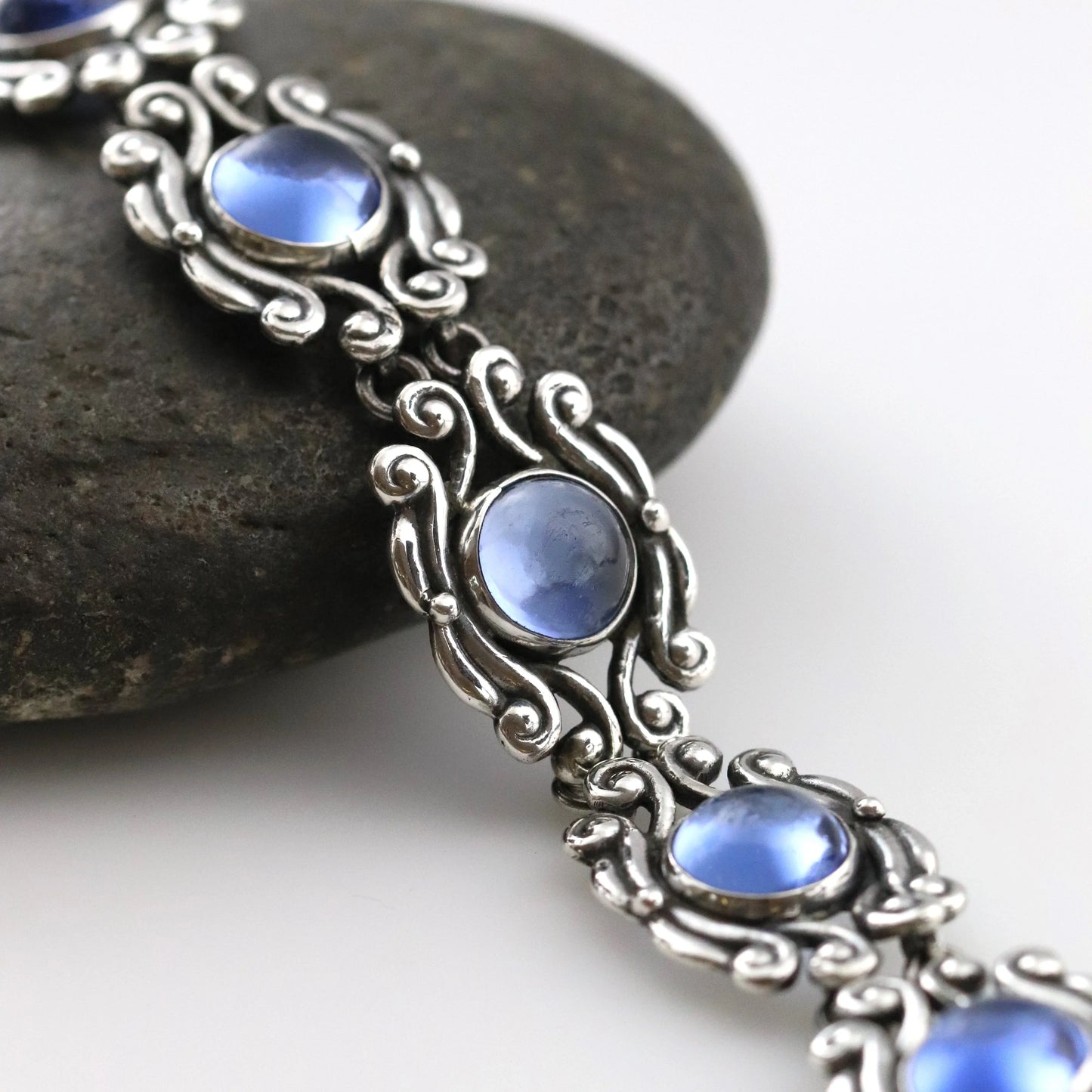 SOLD OUT: Vintage Los Castillo Taxco Mexican Jewelry | Ornate Blue Glass Bracelet - Carmel Fine Silver Jewelry