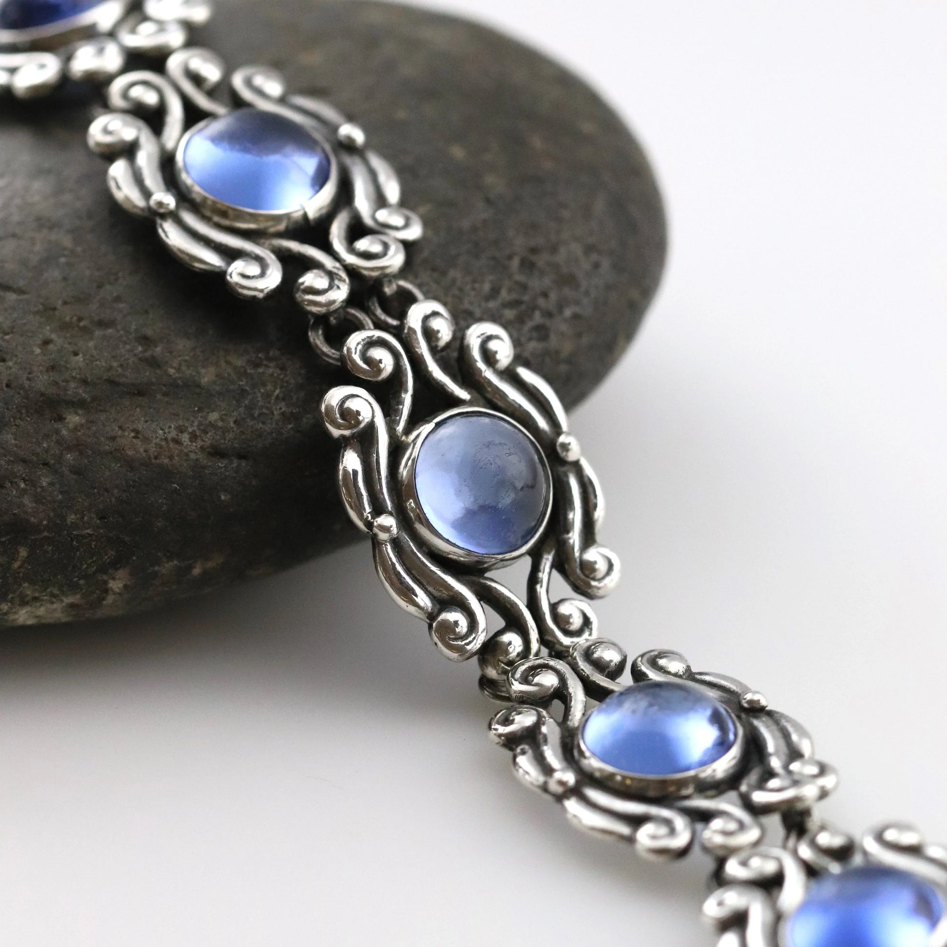 SOLD OUT: Vintage Los Castillo Taxco Mexican Jewelry | Ornate Blue Glass Bracelet - Carmel Fine Silver Jewelry