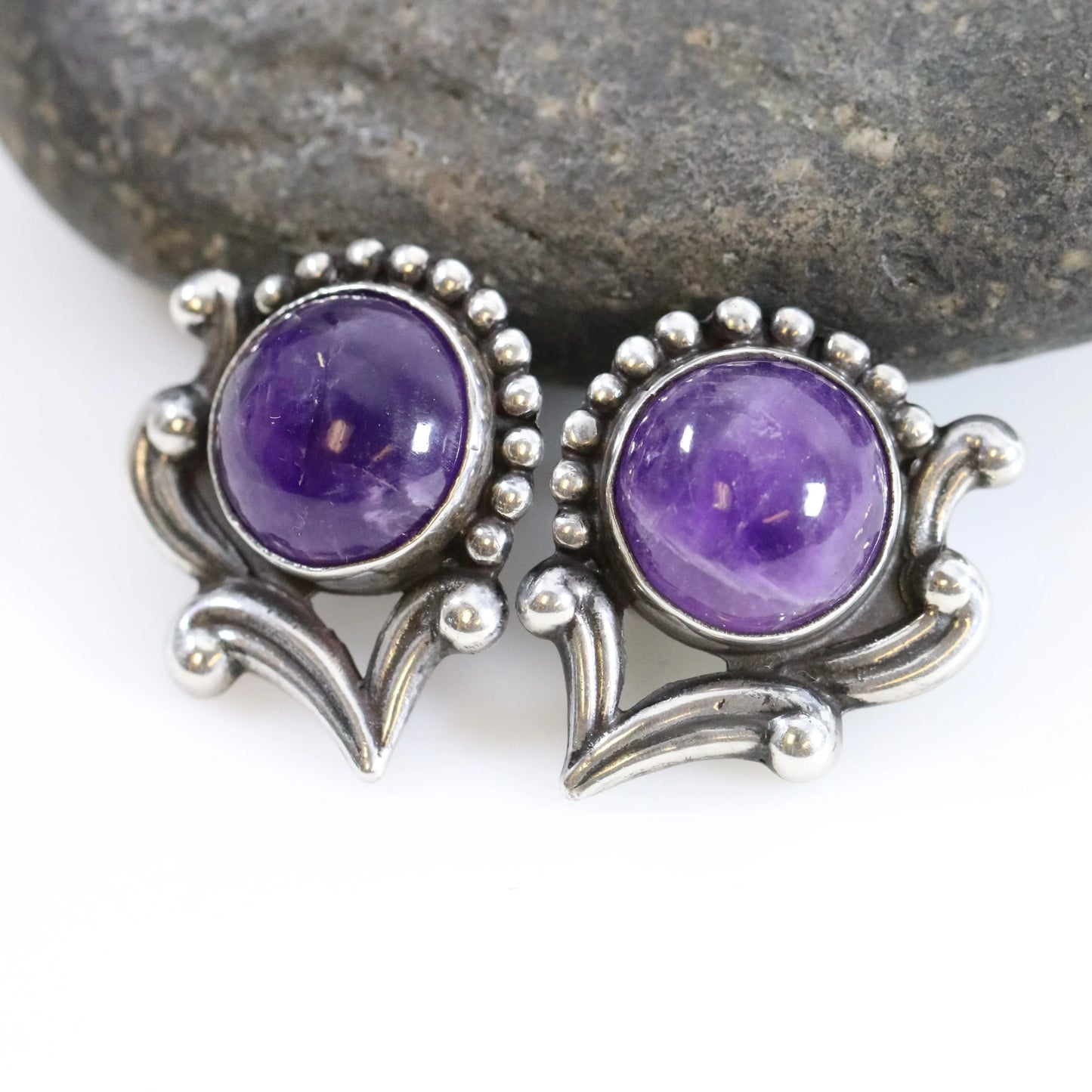 SOLD OUT: Vintage Los Castillo Taxco Silver Mexican Jewelry | Floral Handcrafted Amethyst Earrings - Carmel Fine Silver Jewelry
