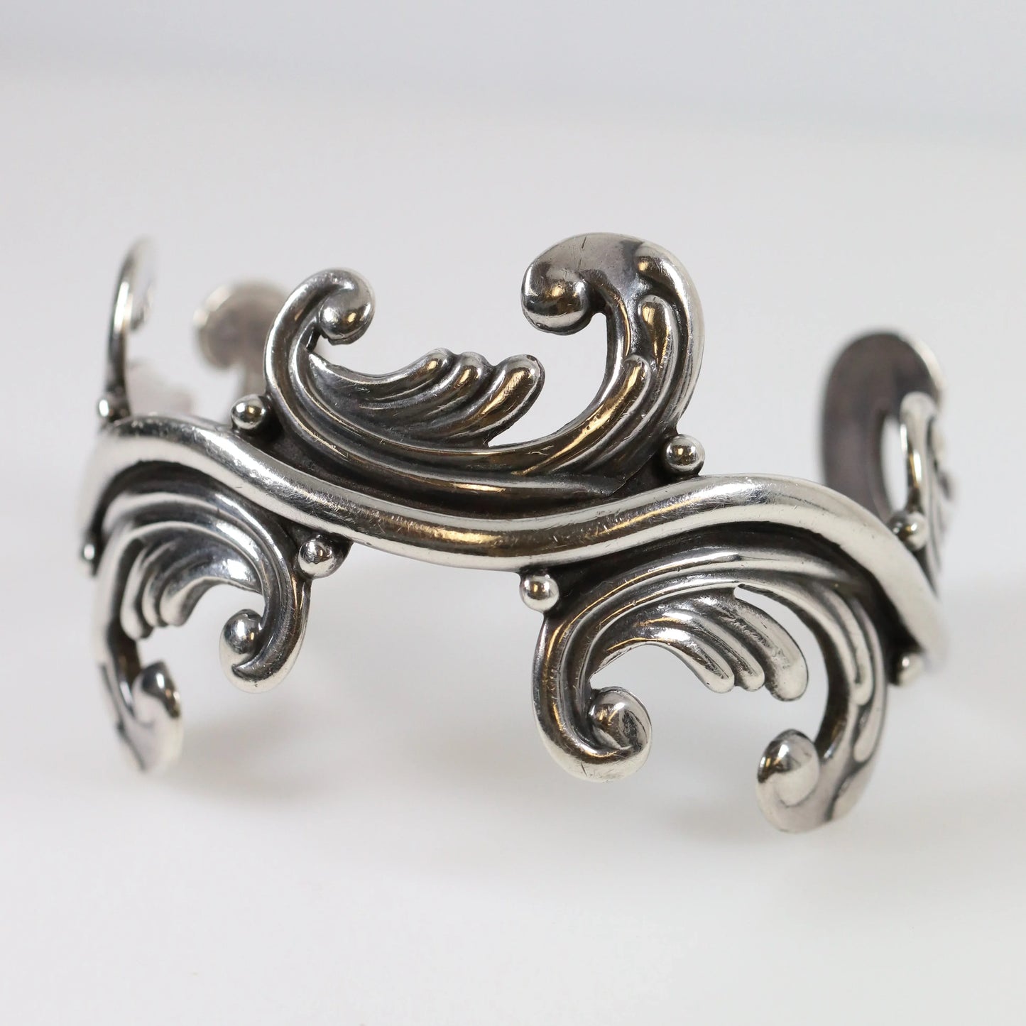 SOLD OUT: Vintage Los Castillo Taxco Silver Mexican Jewelry | Mid-Century Cuff Bracelet with Foliate Trim - Carmel Fine Silver Jewelry