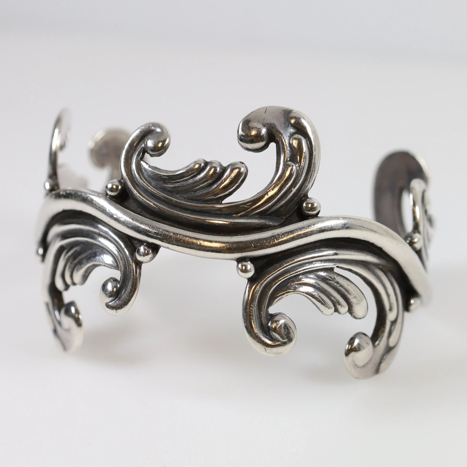SOLD OUT: Vintage Los Castillo Taxco Silver Mexican Jewelry | Mid-Century Cuff Bracelet with Foliate Trim - Carmel Fine Silver Jewelry