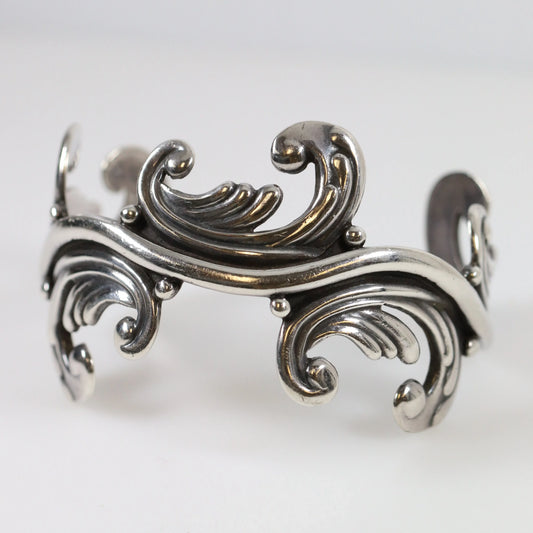 SOLD OUT: Vintage Los Castillo Taxco Silver Mexican Jewelry | Mid-Century Cuff Bracelet with Foliate Trim - Carmel Fine Silver Jewelry