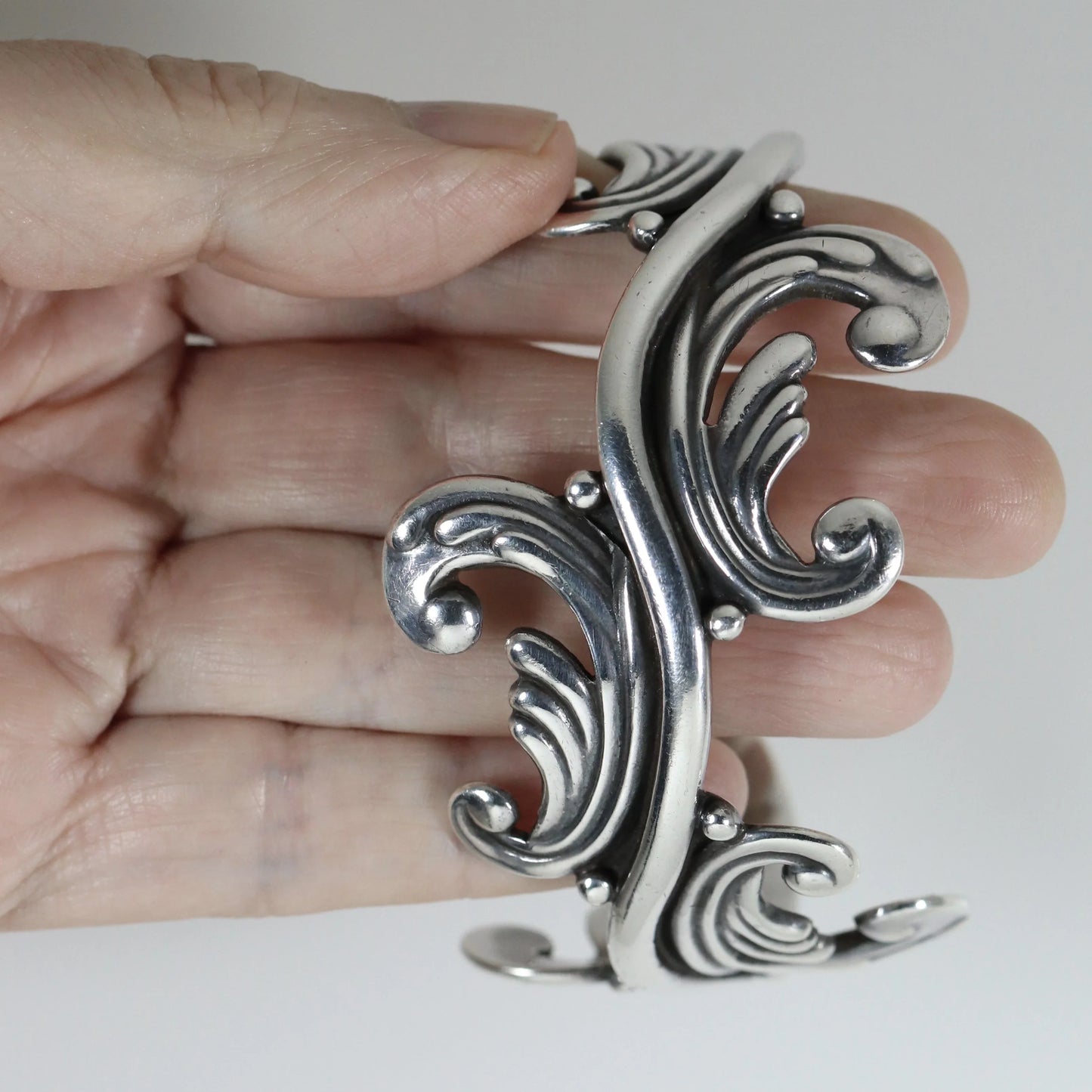 SOLD OUT: Vintage Los Castillo Taxco Silver Mexican Jewelry | Mid-Century Cuff Bracelet with Foliate Trim - Carmel Fine Silver Jewelry
