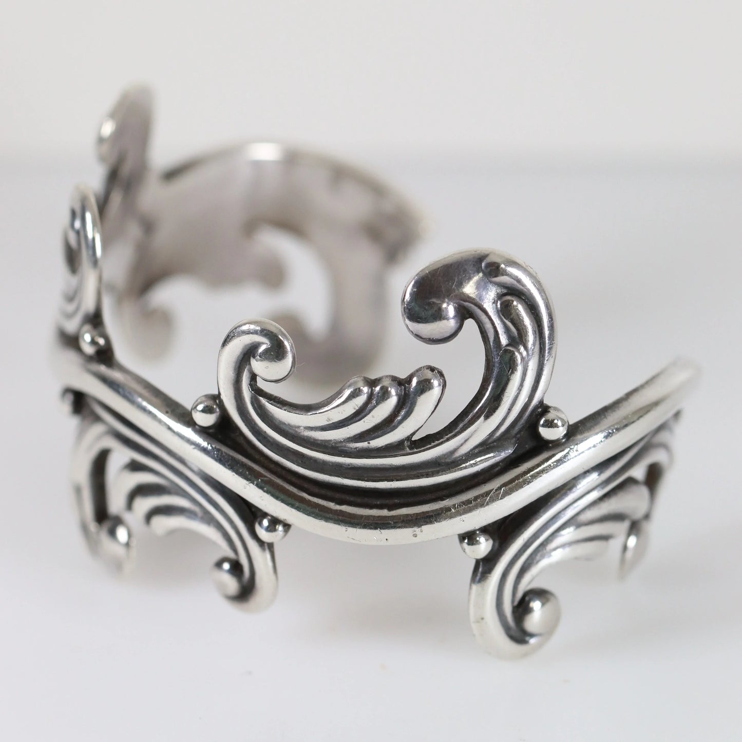 SOLD OUT: Vintage Los Castillo Taxco Silver Mexican Jewelry | Mid-Century Cuff Bracelet with Foliate Trim - Carmel Fine Silver Jewelry