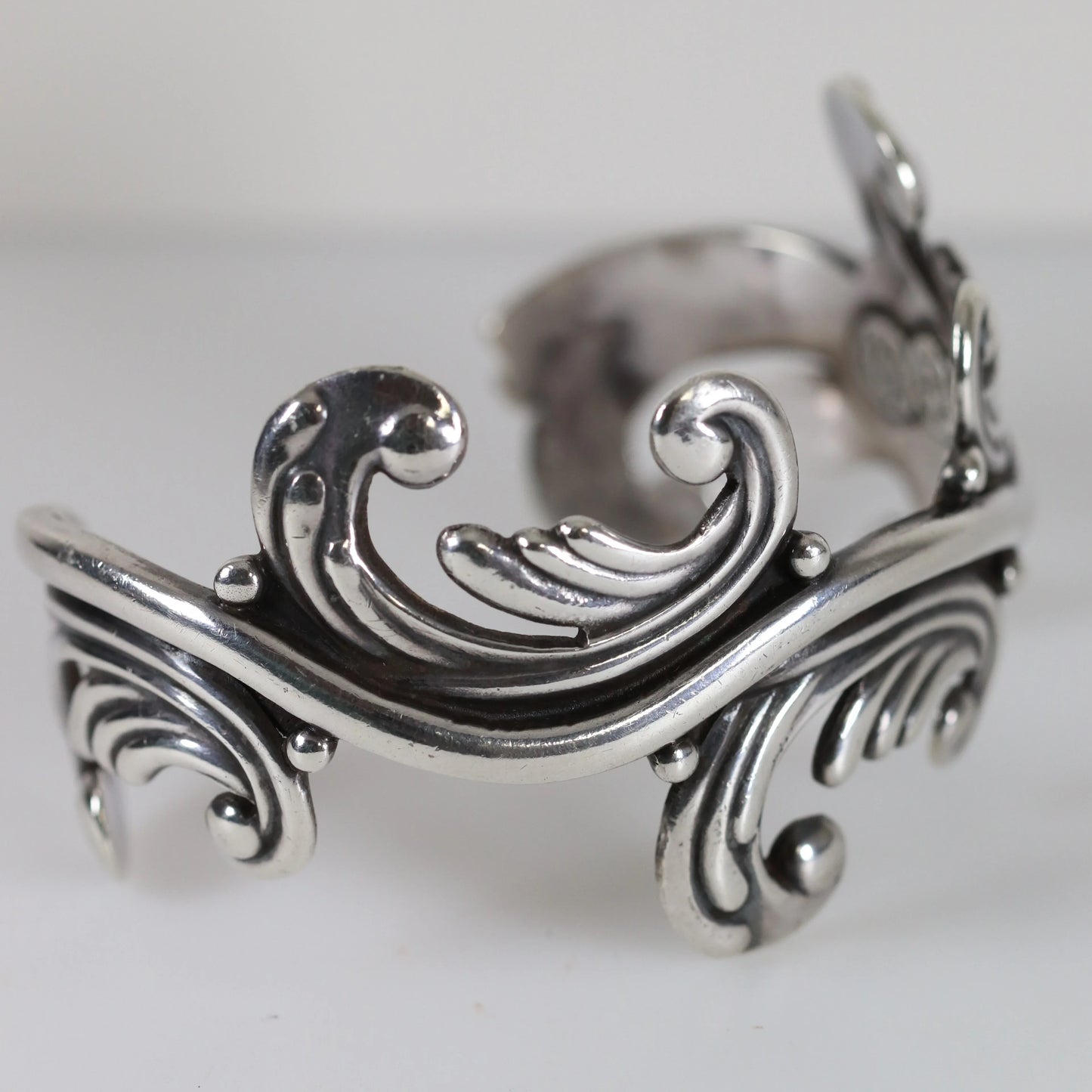 SOLD OUT: Vintage Los Castillo Taxco Silver Mexican Jewelry | Mid-Century Cuff Bracelet with Foliate Trim - Carmel Fine Silver Jewelry