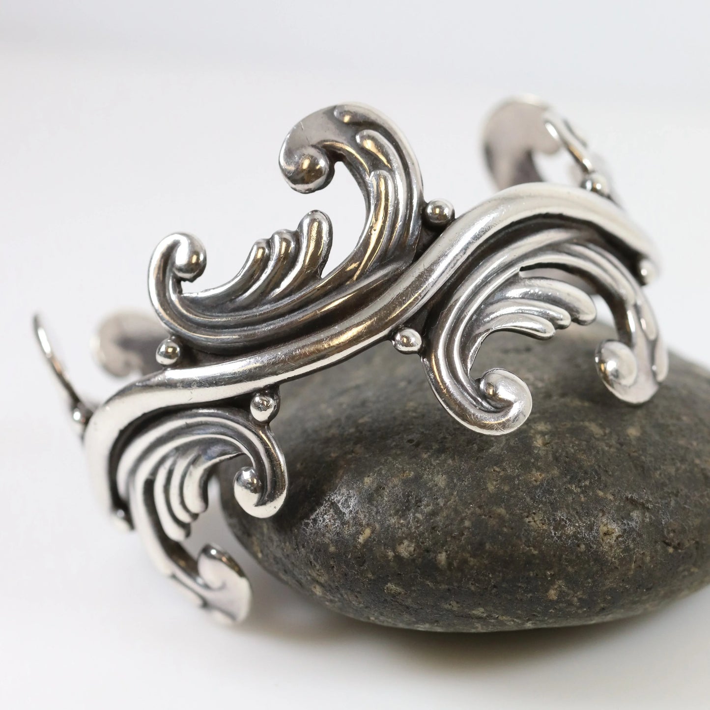 SOLD OUT: Vintage Los Castillo Taxco Silver Mexican Jewelry | Mid-Century Cuff Bracelet with Foliate Trim - Carmel Fine Silver Jewelry