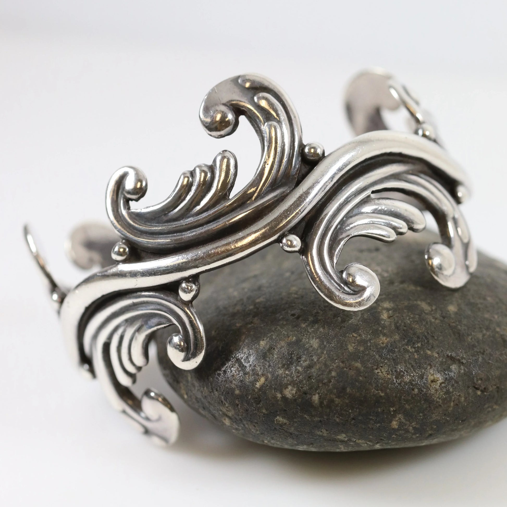 SOLD OUT: Vintage Los Castillo Taxco Silver Mexican Jewelry | Mid-Century Cuff Bracelet with Foliate Trim - Carmel Fine Silver Jewelry